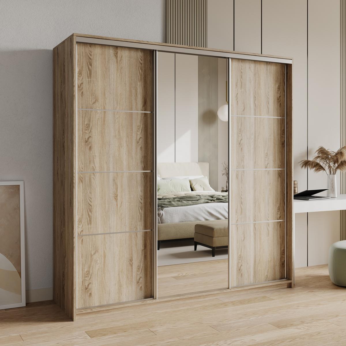 SCHWEBETÜRENSCHRANK VARO 200/205/60 cm 3-türig mit Spiegel Sonoma Eiche - Sonoma Eiche, Holzwerkstoff (200/205/60cm) - MASSENO