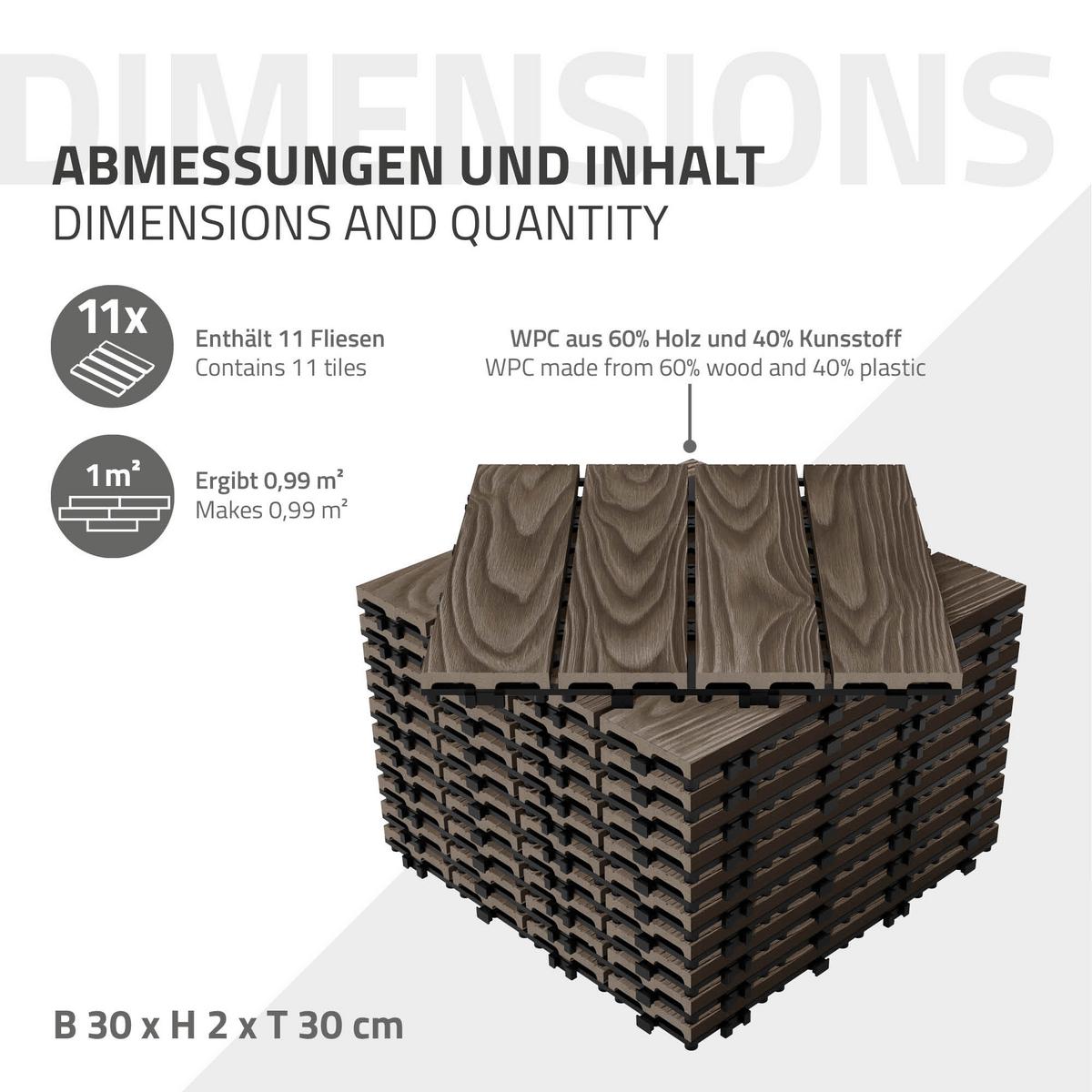 TERRASSENFLIESE Dunkelbraun 44 Stück - Dunkelbraun, Holzwerkstoff (30/30/2cm) - ML-DESIGN