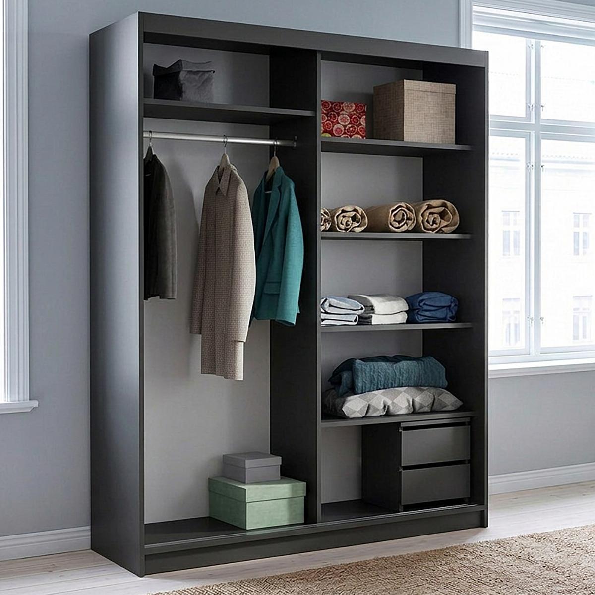 SCHWEBETÜRENSCHRANK Donatello mit 2 Türen und Schubkasteneinsatz, 160 cm, Schwarz+eiche Artisan - Schwarz/Eiche Artisan, Holzwerkstoff (160/205/60cm) - Beautysofa