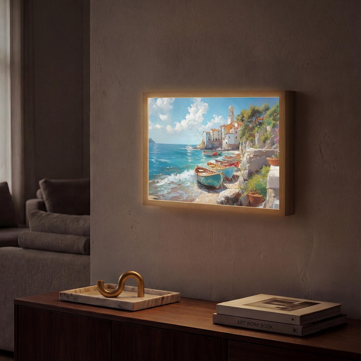 WANDLEUCHTE MIT AKKU Boote - Felsen - Meer - Sonne 40x30 cm - Blau, Holzwerkstoff (40/30/8cm) - OnlyWow