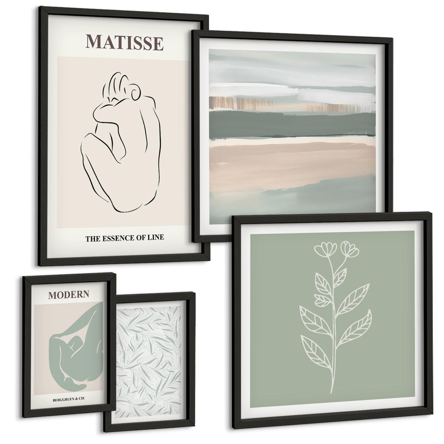 BILDER SET 5er Set - 50x50 cm & 20x30 cm & 40x60 cm Schwarzer Rahmen - Abstrakte Pflanzenformen - Schwarz, Kunststoff (40/60cm) - TULUP