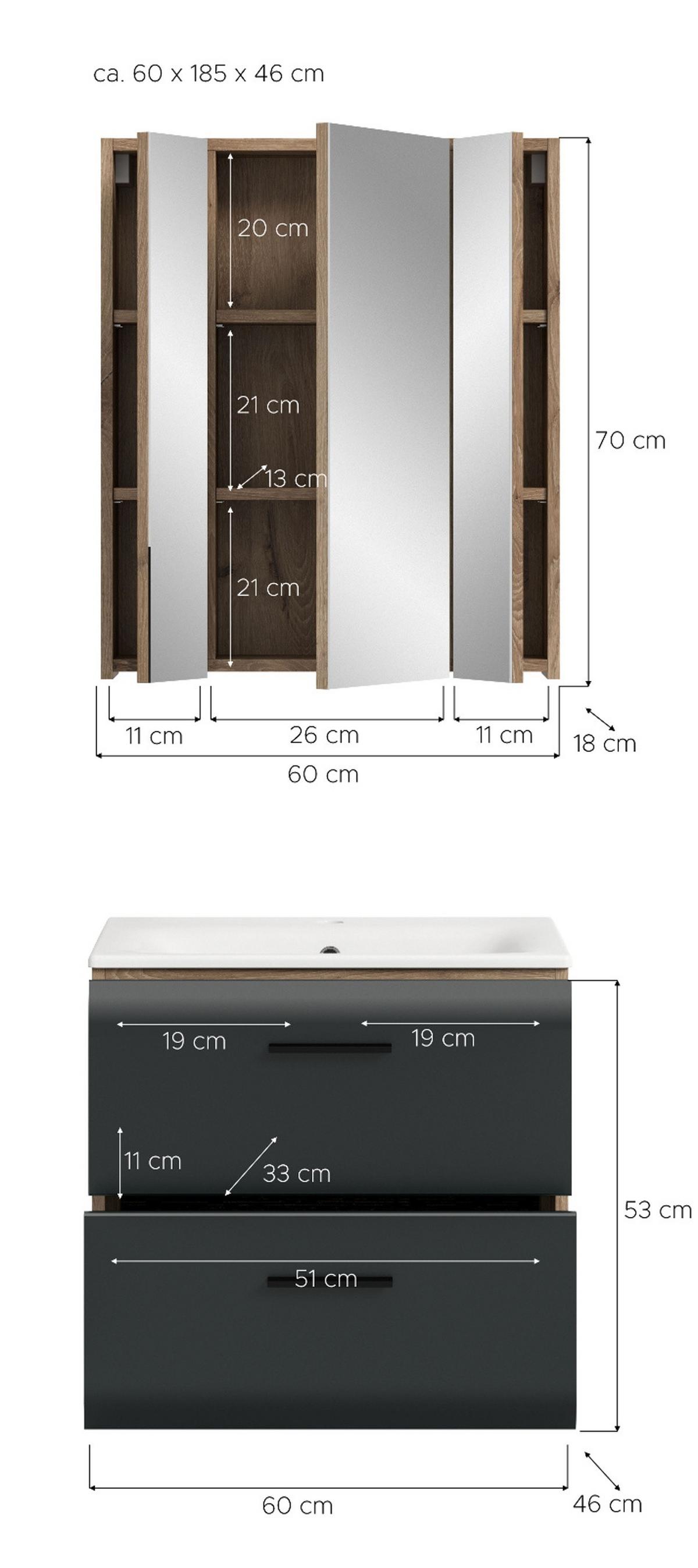 BADMÖBEL-SET 2-teilig Schwarz matt und Eiche Komplett-Set mit Waschbecken, 60 x 185 cm - Eichefarben/Schwarz, Glas/Holz (60/185/46cm) - Inn.Furn