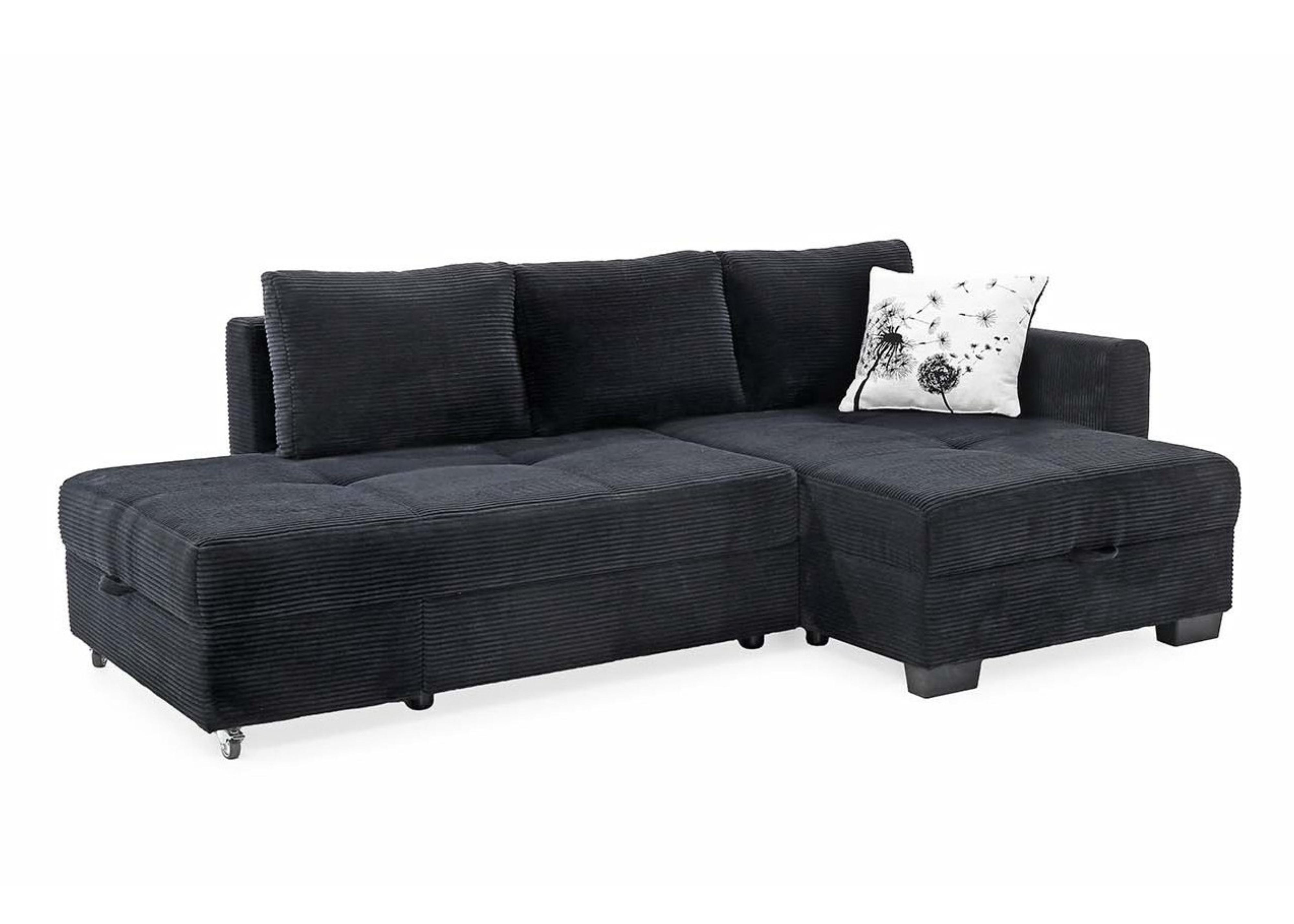 ECKSOFA Doppelbett mit Bettkasten, seitenverkehrt montierbar B247/T155/H87 cm, Liegefläche 183x207 cm, Cord Schwarz / 15216 - Schwarz, Kunststoff/Textil (247/155cm) - luma-home