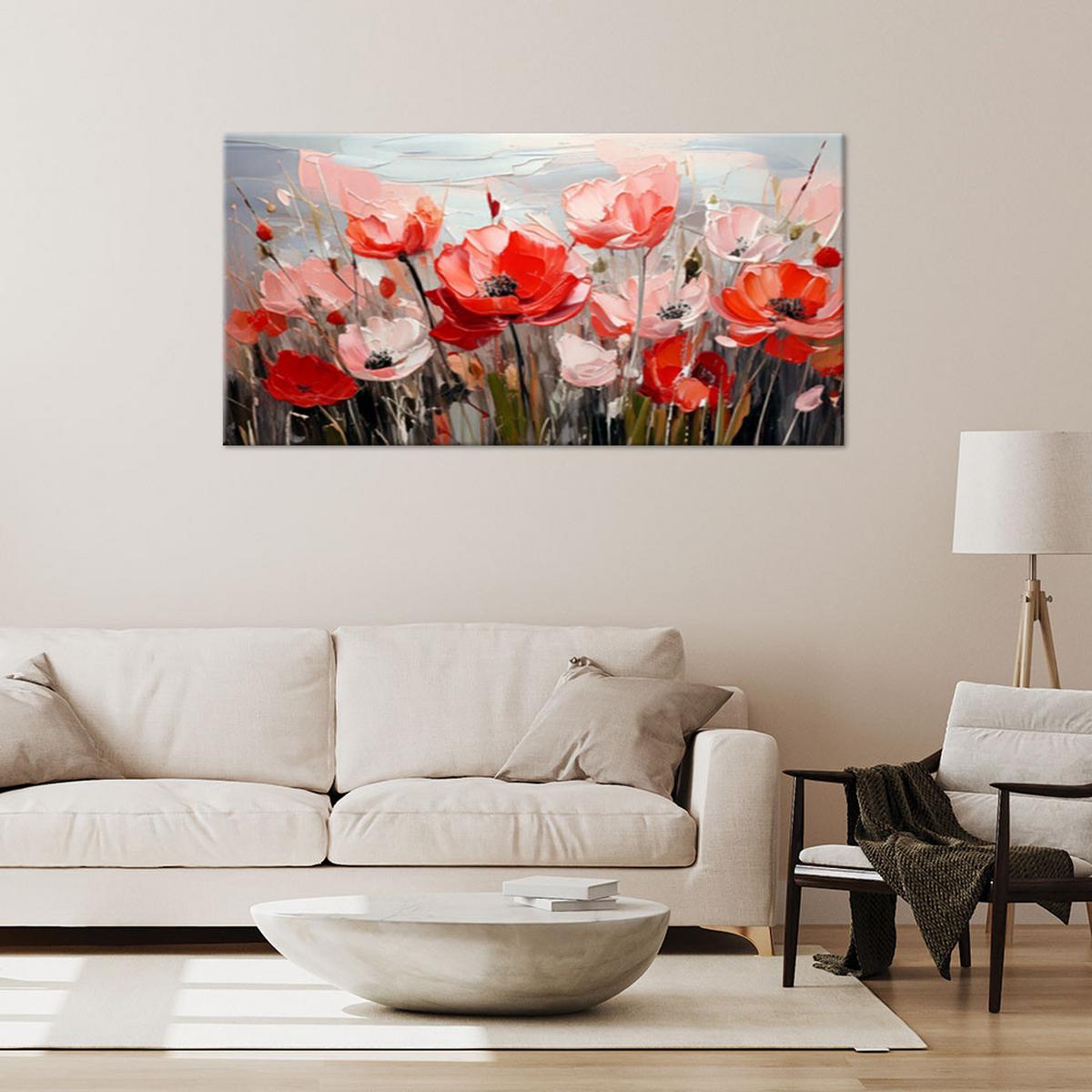 LEINWANDBILD Mohnfeld Blumen 100x50cm - Rosa, Textil (100/50cm) - Feeby