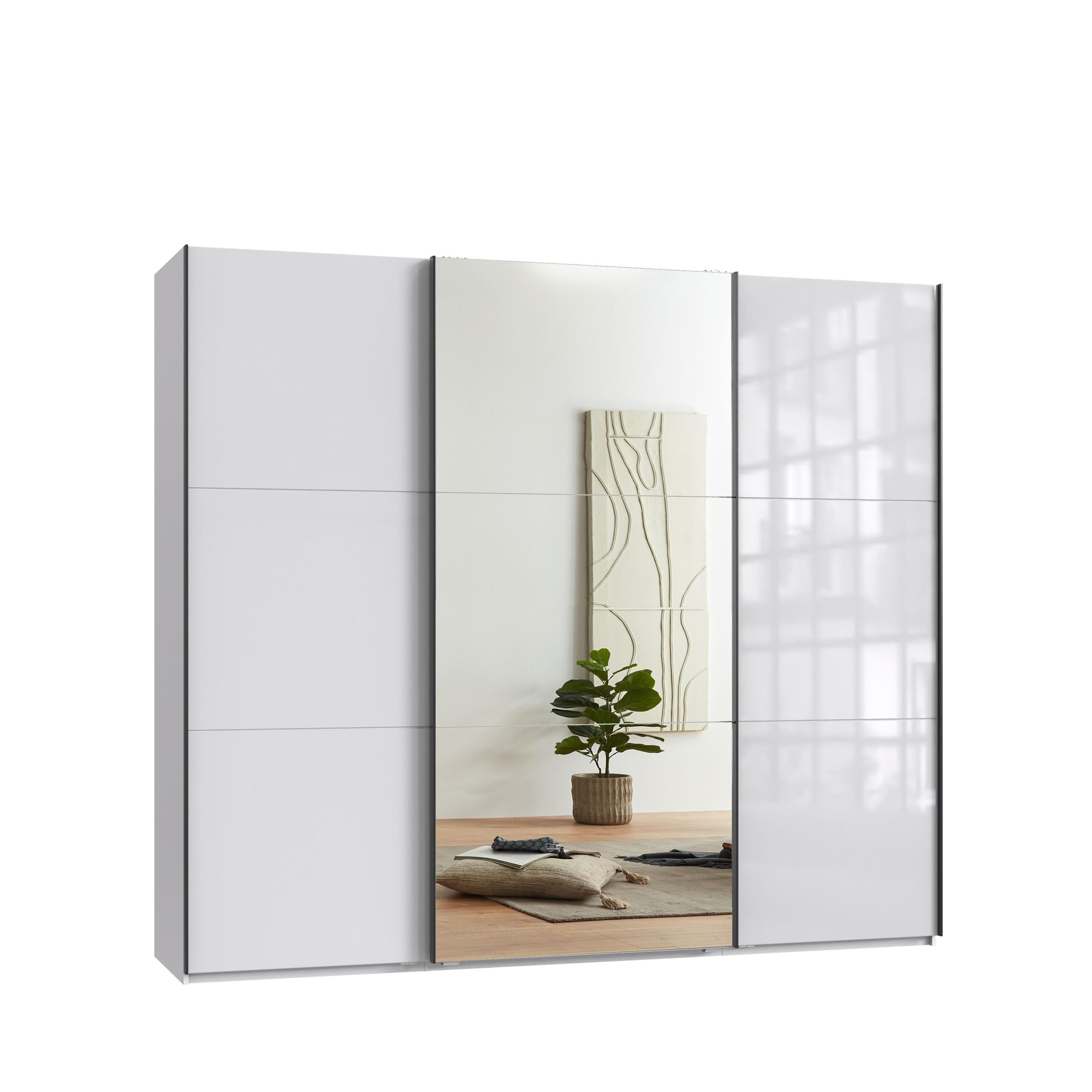 SCHWEBETÜRENSCHRANK 3-türig B250/H216/T65 cm in Weiß mit Glasfront, eine Spiegeltür, Kleiderschrank inkl. Vollausstattung / 22033 - Eichefarben/Weiß, Holzwerkstoff/Metall (250/216/65cm) - luma-home