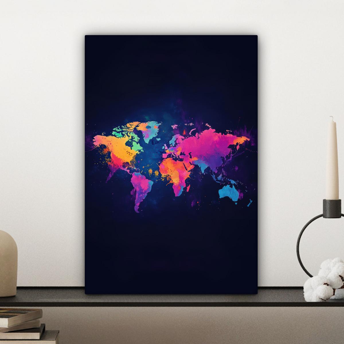 LEINWANDBILD Weltkarte - Bunt - Graffiti Deko Wohnzimmer 20x30 cm - Multicolor, Textil (20/30cm) - MuchoWow