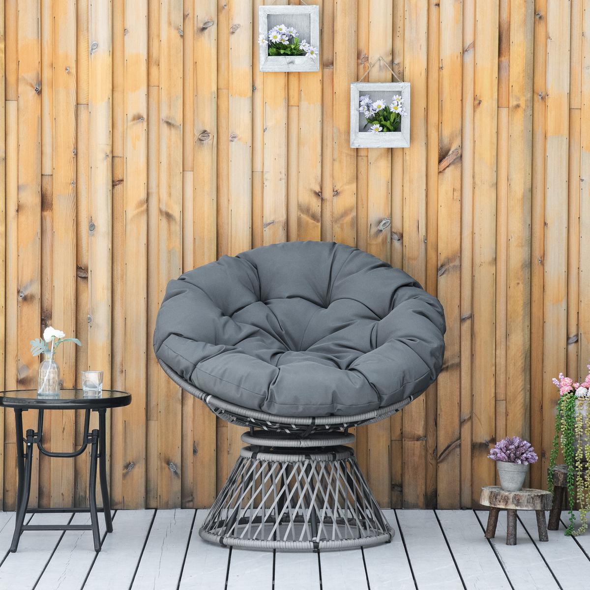 PAPASANSESSEL, Korbsessel, Sessel mit Polster, 360 Grad, Rattan, Grau - Grau, Kunststoff (97/86/87cm) - Outsunny