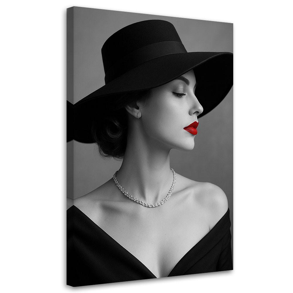 LEINWANDBILD Porträt Frau mit Hut 80x120cm - Schwarz, Textil (80/120cm) - Feeby