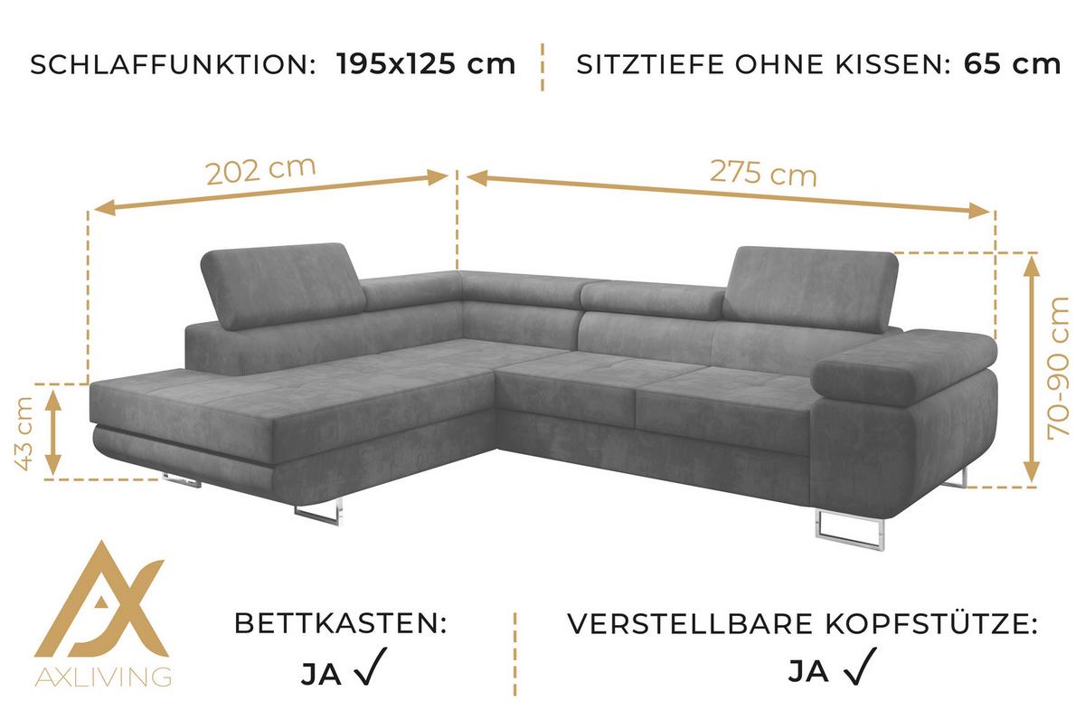 ECKSOFA L Form Kanya Grau 275/202/90 cm – Sofa mit Bettfunktion & Stauraum R - Dunkelgrau/Silberfarben, Textil/Metall (275/202cm) - AX Living