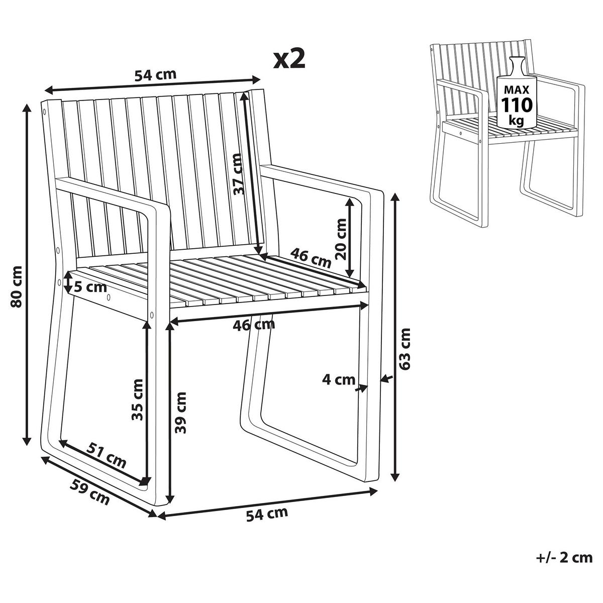 GARTENSTUHL 2er-Set und Sitzkissen zertifiziertes Akazienholz Blau Sassari Premium - Hellbraun, Holz (54/80/59cm) - Beliani