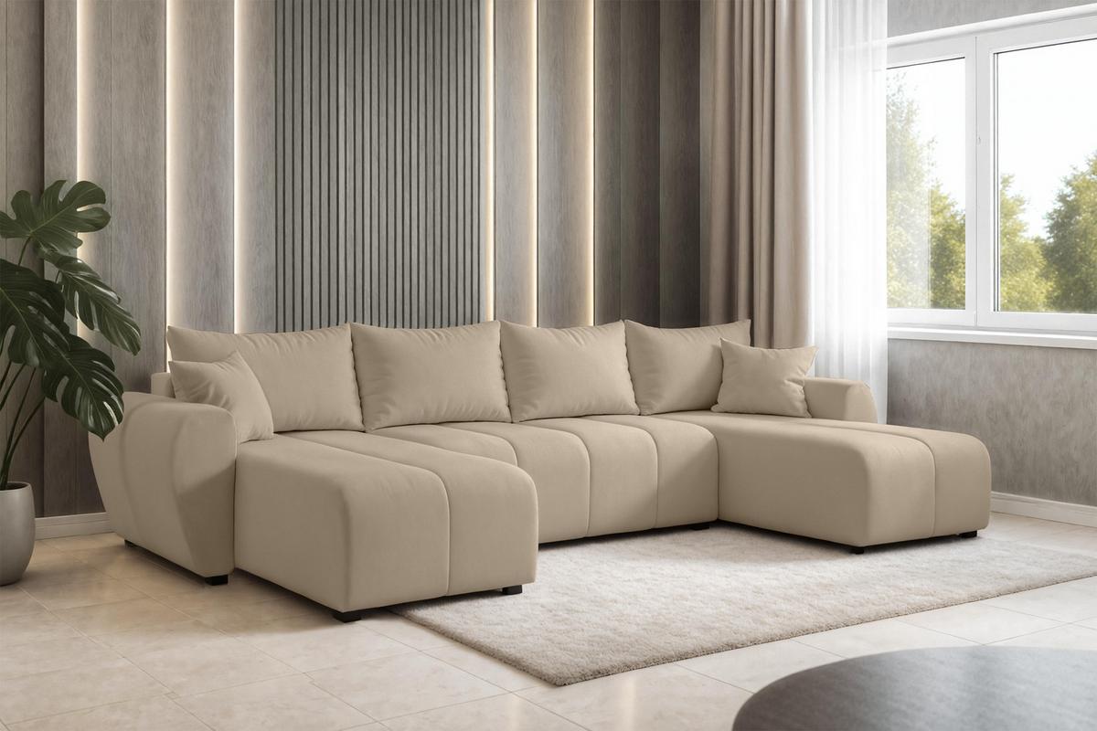 WOHNLANDSCHAFT Malatya U Form Hellbraun 311/145/80 cm mit Schlaffunktion - Hellbraun/Schwarz, Kunststoff/Textil (311/80/145cm) - AX Living