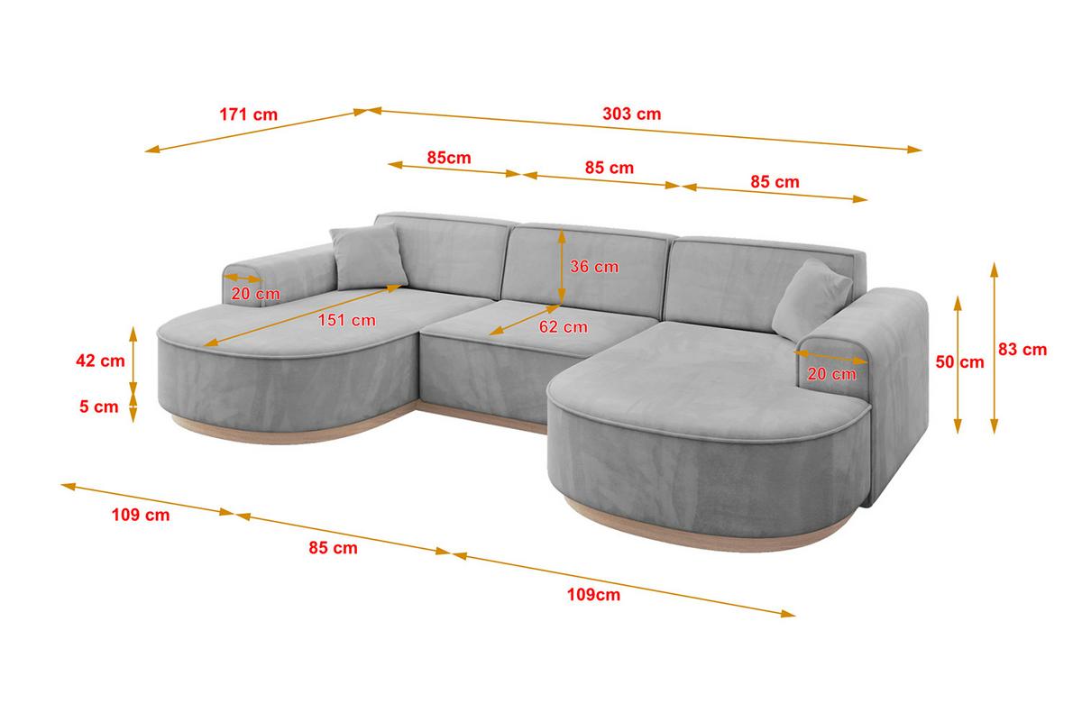 WOHNLANDSCHAFT MARI-U1-v1 - 303x171x83 cm Grau Velours - Grau, Holzwerkstoff/Textil (303/83/171cm) - ALTDECOR