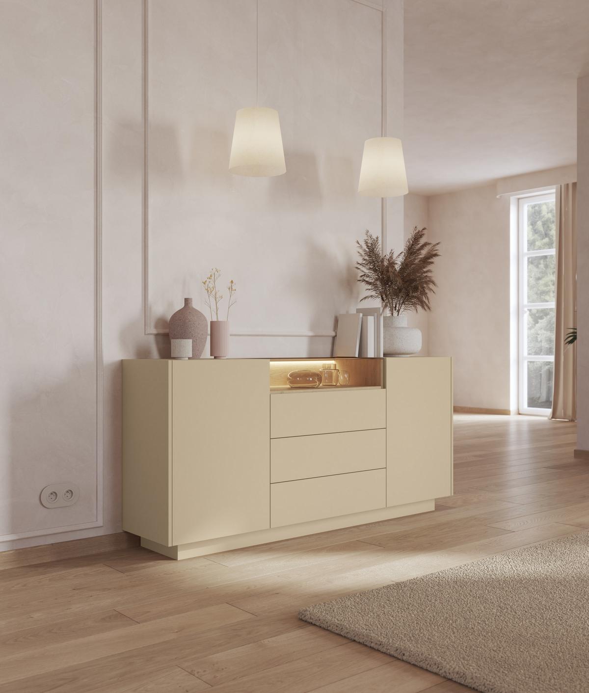 KOMMODE PORTA 176,4/83/39,5cm mit 3 Schubladen 2 Türen Beige - Eichefarben/Beige, Holzwerkstoff (176.4/83/39.5cm) - MASSENO