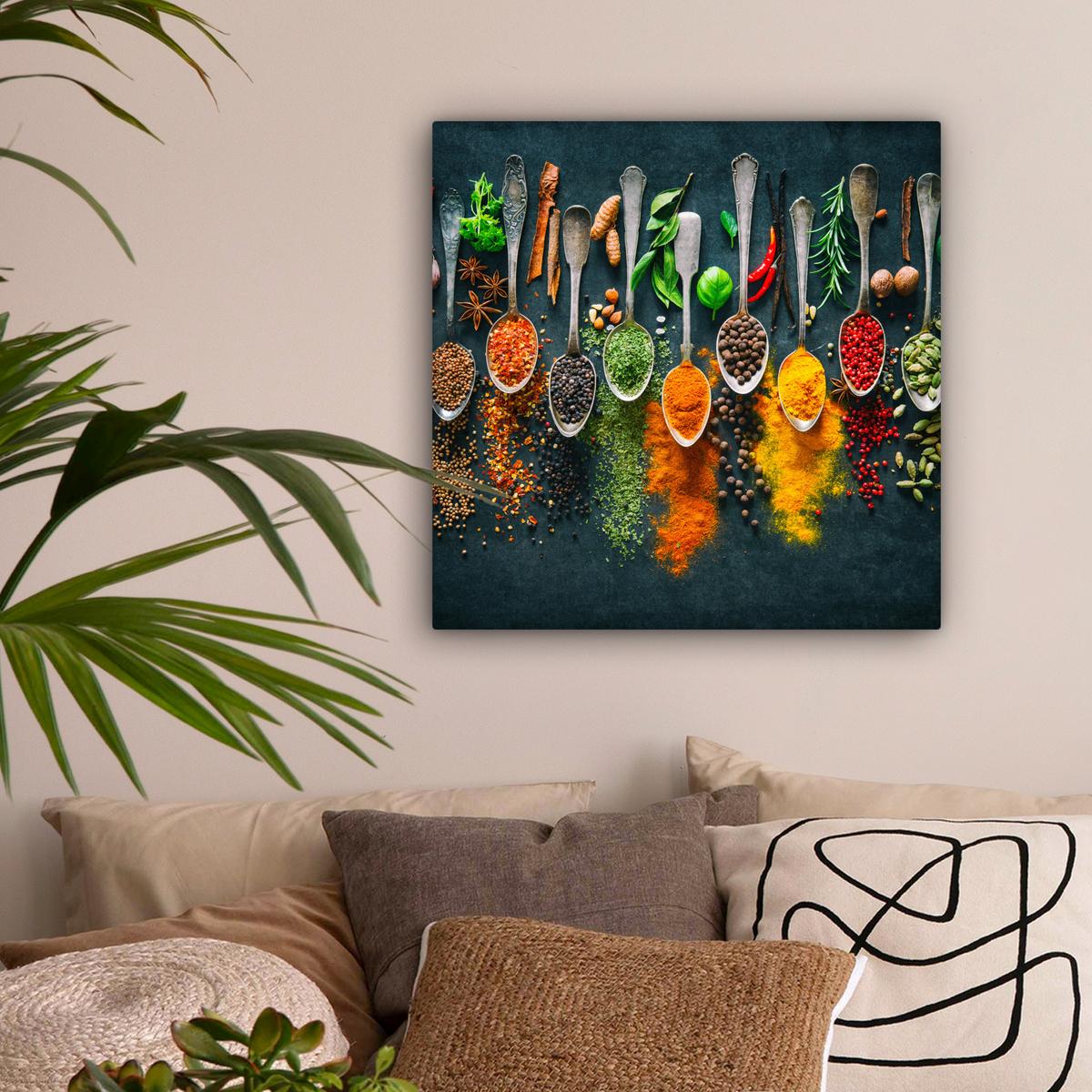 LEINWANDBILD Kräuter - Gewürze - Löffel Wandbild Wohnzimmer 50x50 cm - Currygelb, Textil (50/50cm) - MuchoWow