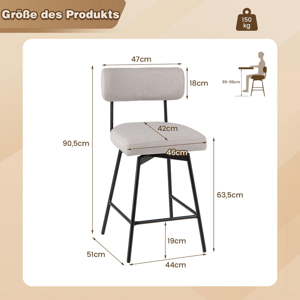 BARHOCKER Beige(2er-Set) - Beige, Metall (51/90.5/47cm) - COSTWAY