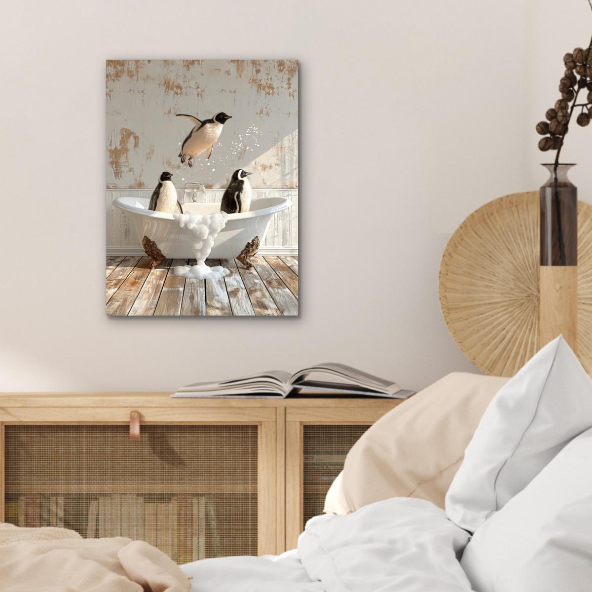 METALLBILD Vintage - Pinguin - Badewanne - Schaumstoff 30x40 cm - Schwarz, Metall (30/40cm) - MuchoWow