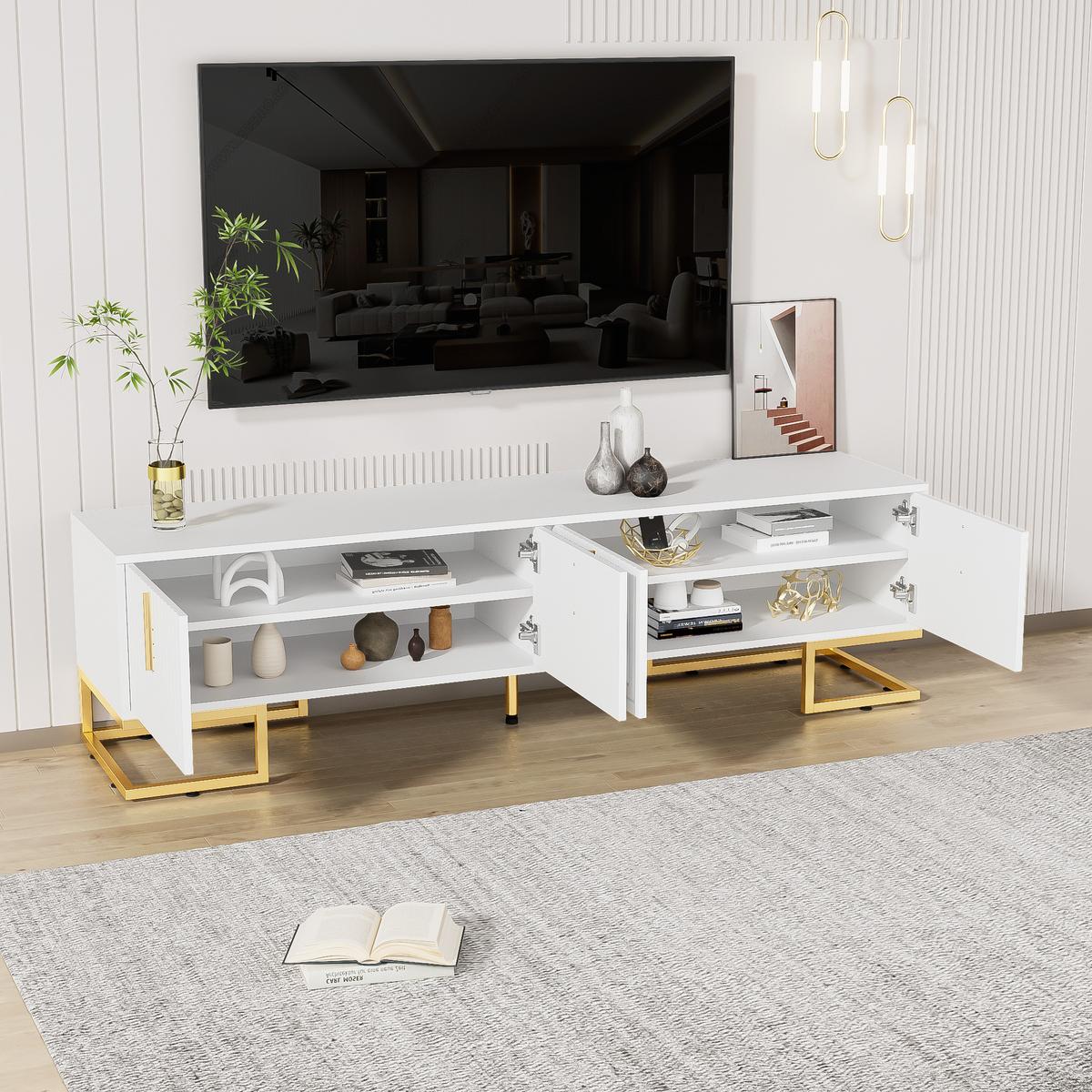 TV-SCHRANK Weiß mit Goldbeinen & 4 Türen Geometrisches Design 170×45 cm - Sonoma Eiche, Holzwerkstoff (170/46/40cm) - Urban Meuble