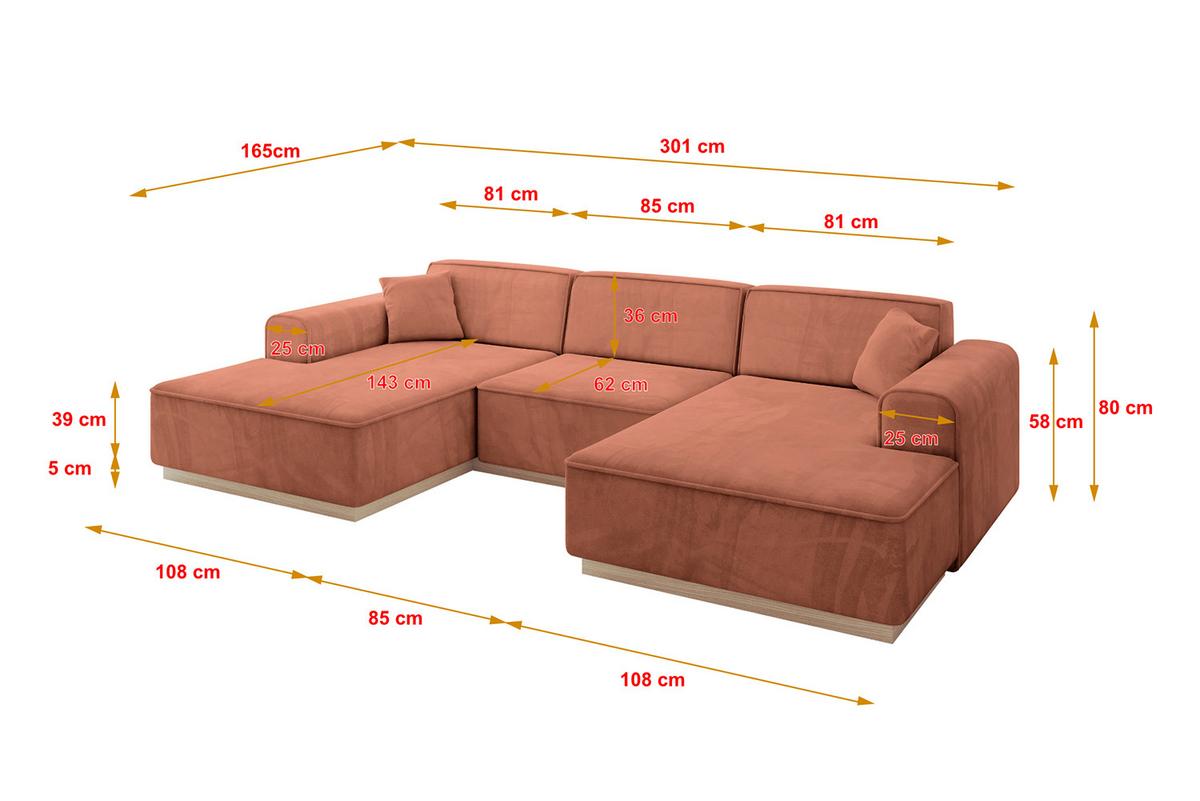 WOHNLANDSCHAFT IREA-U1 - 301x165x80 cm Apricot - Koralle, Holzwerkstoff/Textil (301/80/165cm) - ALTDECOR