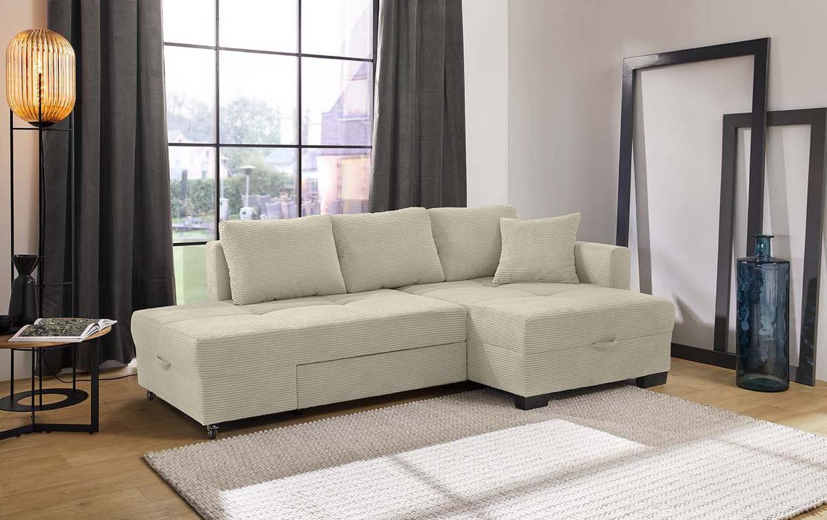 ECKSOFA Doppelbett mit Bettkasten, seitenverkehrt montierbar B247/T155/H87 cm, Liegefläche 183x207 cm, Cord Beige Grau / 15215 - Greige/Schwarz, Kunststoff/Textil (247/155cm) - luma-home