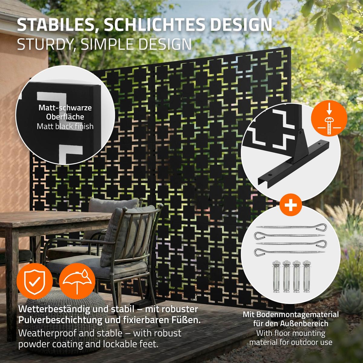 METALL-SICHTSCHUTZ Milano 120x180 cm Schwarz aus Stahl - Schwarz, Metall (120/183cm) - ML-DESIGN