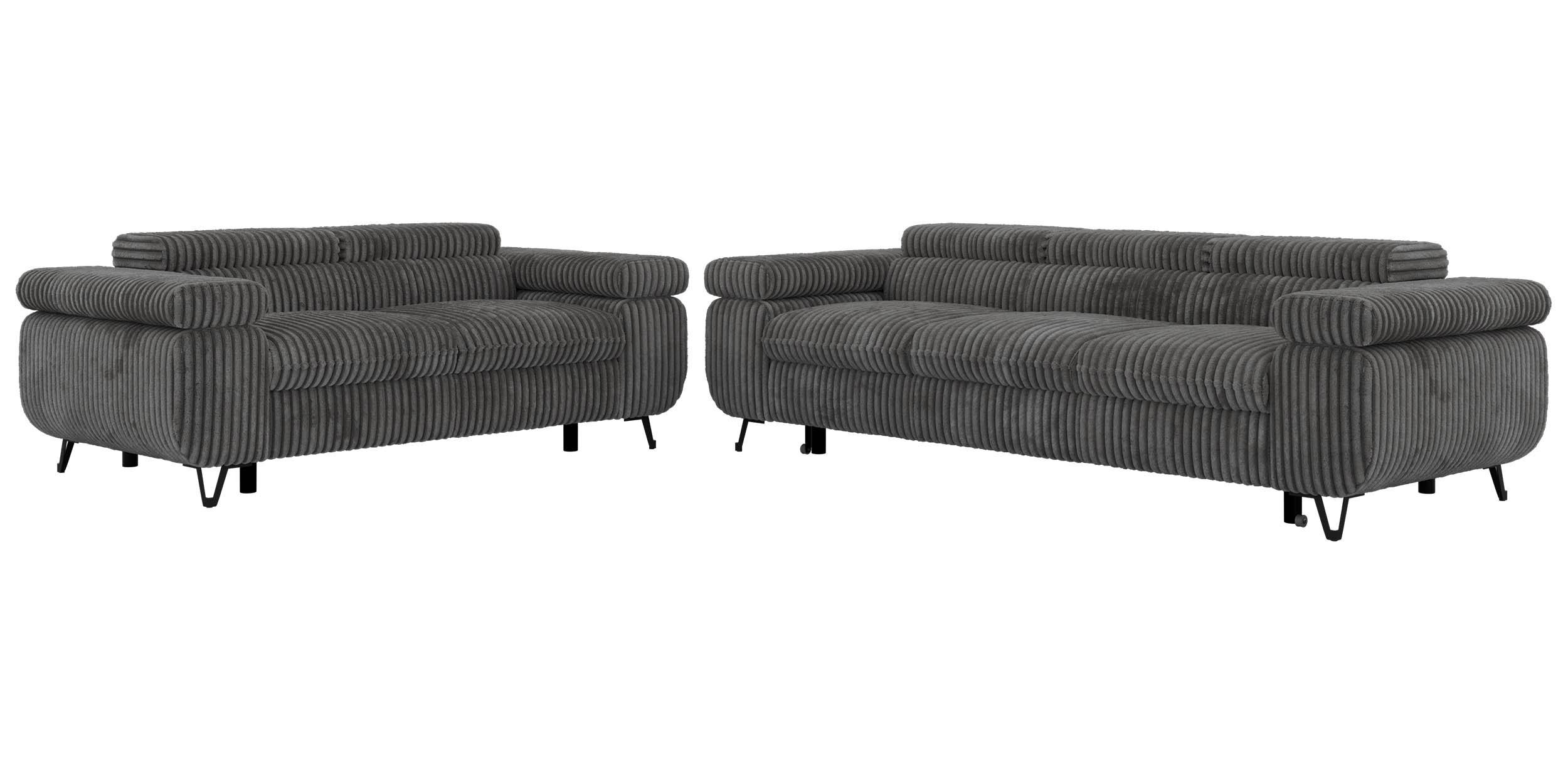 SITZGARNITUR PETERS 2+3 - Grau Cord - Schwarz/Grau, Textil/Metall (262/76/99cm) - MKS