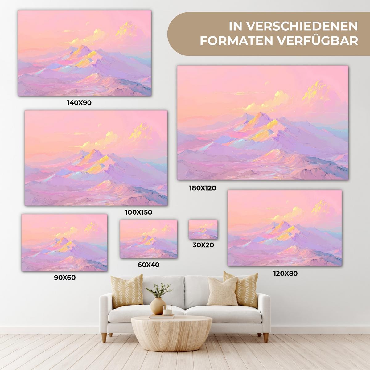 LEINWANDBILD Berggipfel - Wolken - Verträumt Wohnzimmer Groß 120x80 cm - Hellrosa, Textil (120/80cm) - MuchoWow