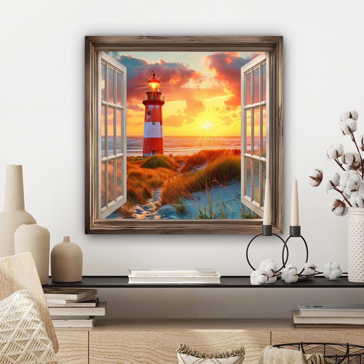 LEINWANDBILD Aussicht - Fenster - Leuchtturm - Sonnenuntergang - Strand Wandbild Wohnzimmer 50x50 cm - Dunkelorange, Textil (50/50cm) - MuchoWow