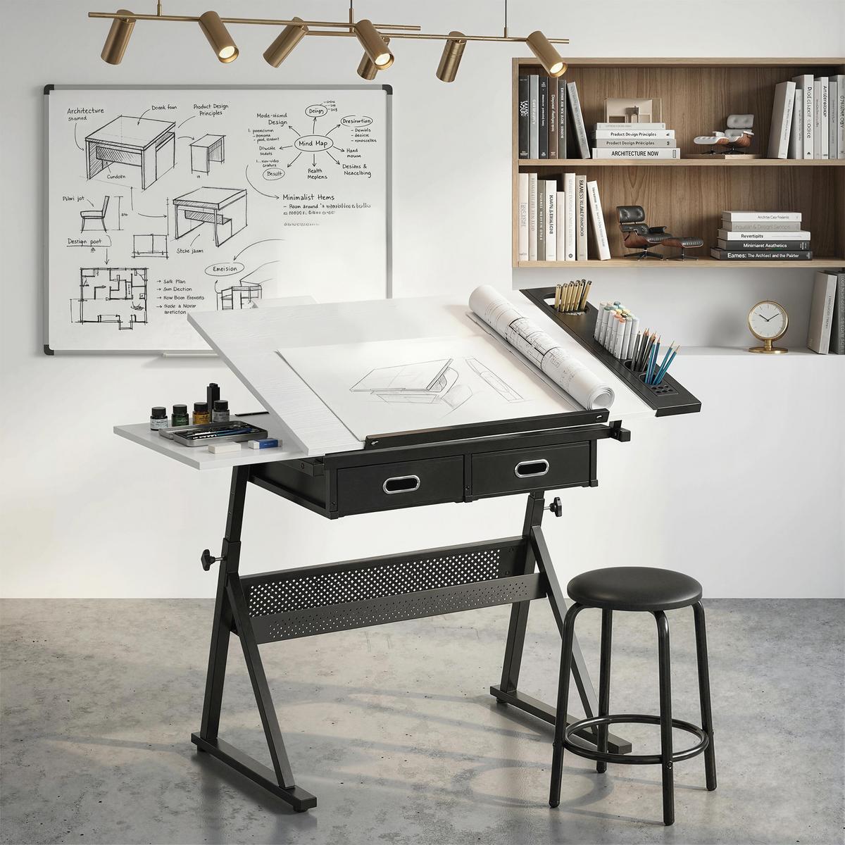 ZEICHENTISCH mit Hocker aus MDF Metall Weiß - Schwarz/Weiß, Leder/Holzwerkstoff (120/60/92cm) - HOMCOM