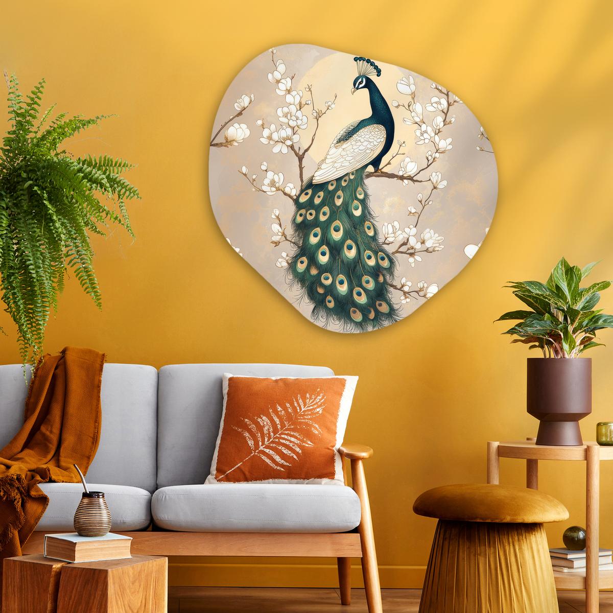 WANDBILD Pfau - Zweig - Blumen Room Decor 90x90 cm - Champagner, Kunststoff (90/90cm) - MuchoWow