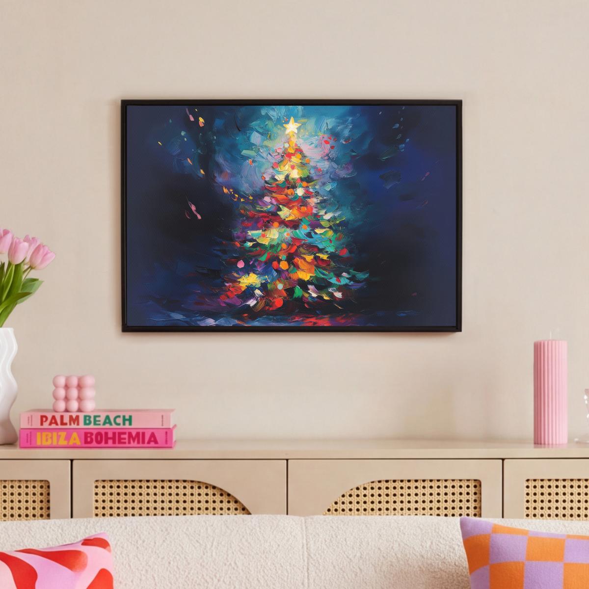 LEINWAND Bilder mit Rahmen - Weihnachtsbaum - Weihnachten - Abstrakt - Farbenfroh - 60x40 - Multicolor, Textil (60/40cm) - MuchoWow