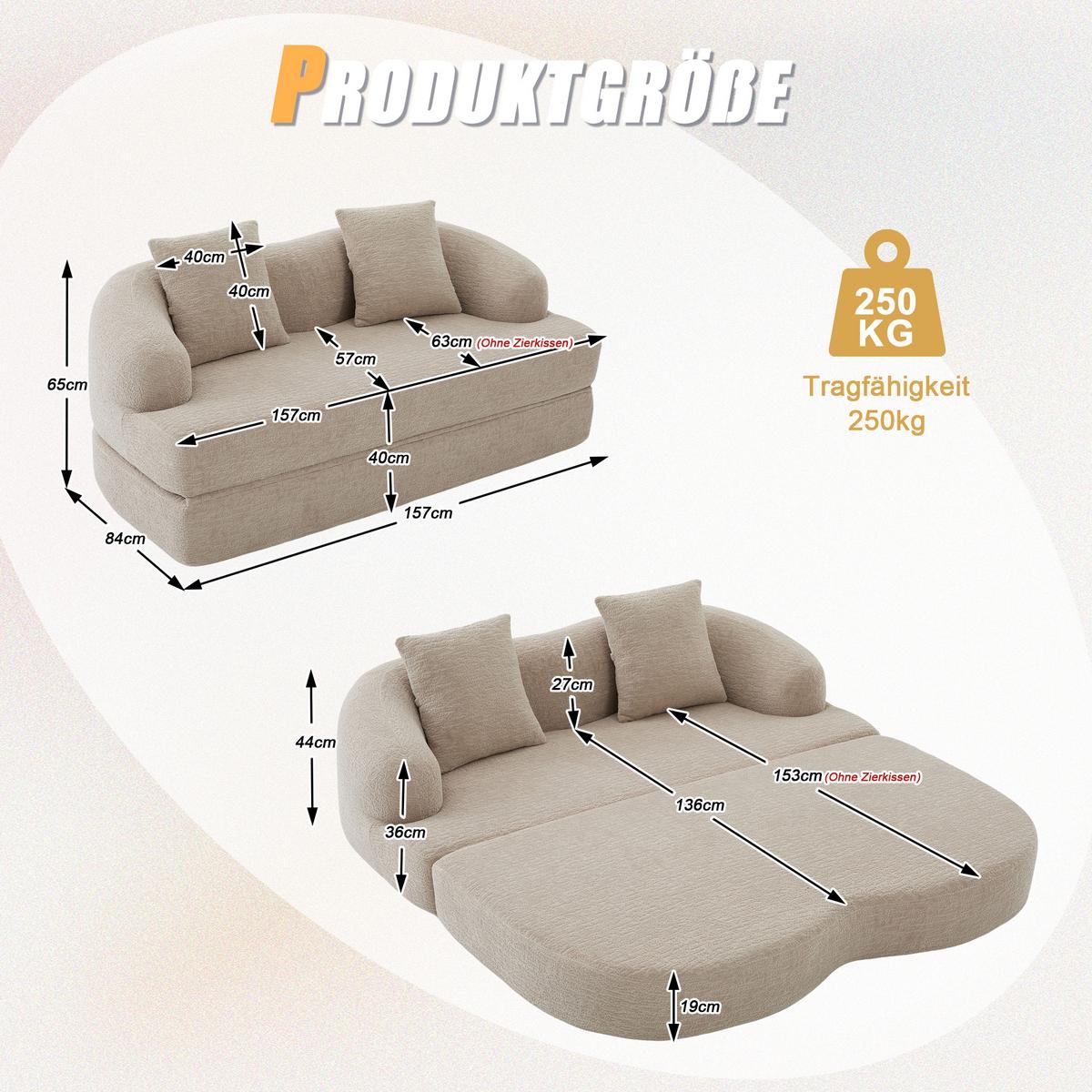SCHLAFSOFA 2-in-1 Doppelschlafsofa Chenille Ausklappbar - Beige, Textil (157/65/84cm) - Urban Meuble