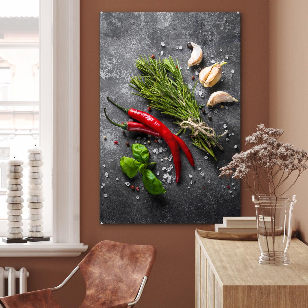 ACRYLGLASBILD Pfeffer - Kräuter - Gewürze - Beton 80x120 cm - Dunkelgrau, Glas (80/120cm) - MuchoWow