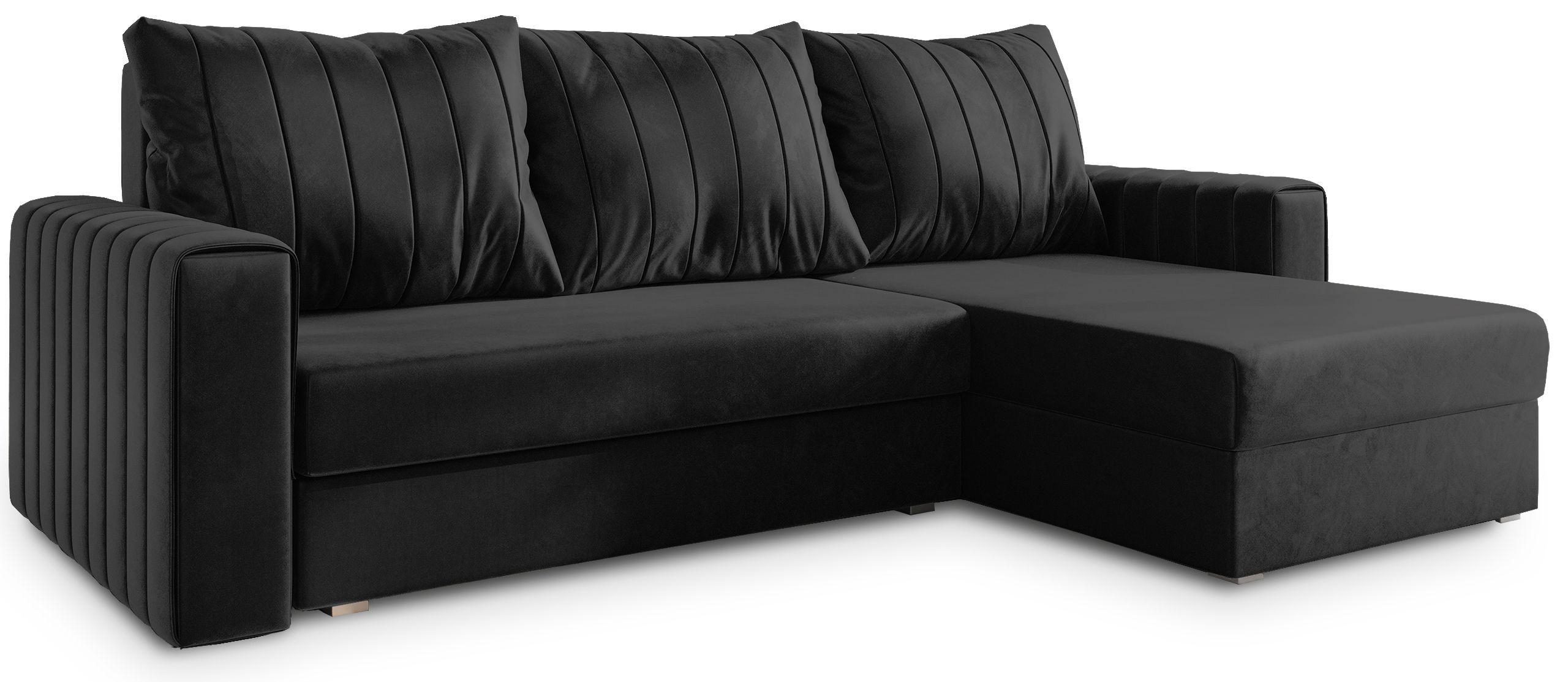 ECKSOFA CARL Schwarz Plüsch-Stoff mit Schlaffunktion - Schwarz/Grau, Holz/Kunststoff (236/150cm) - MASSENO