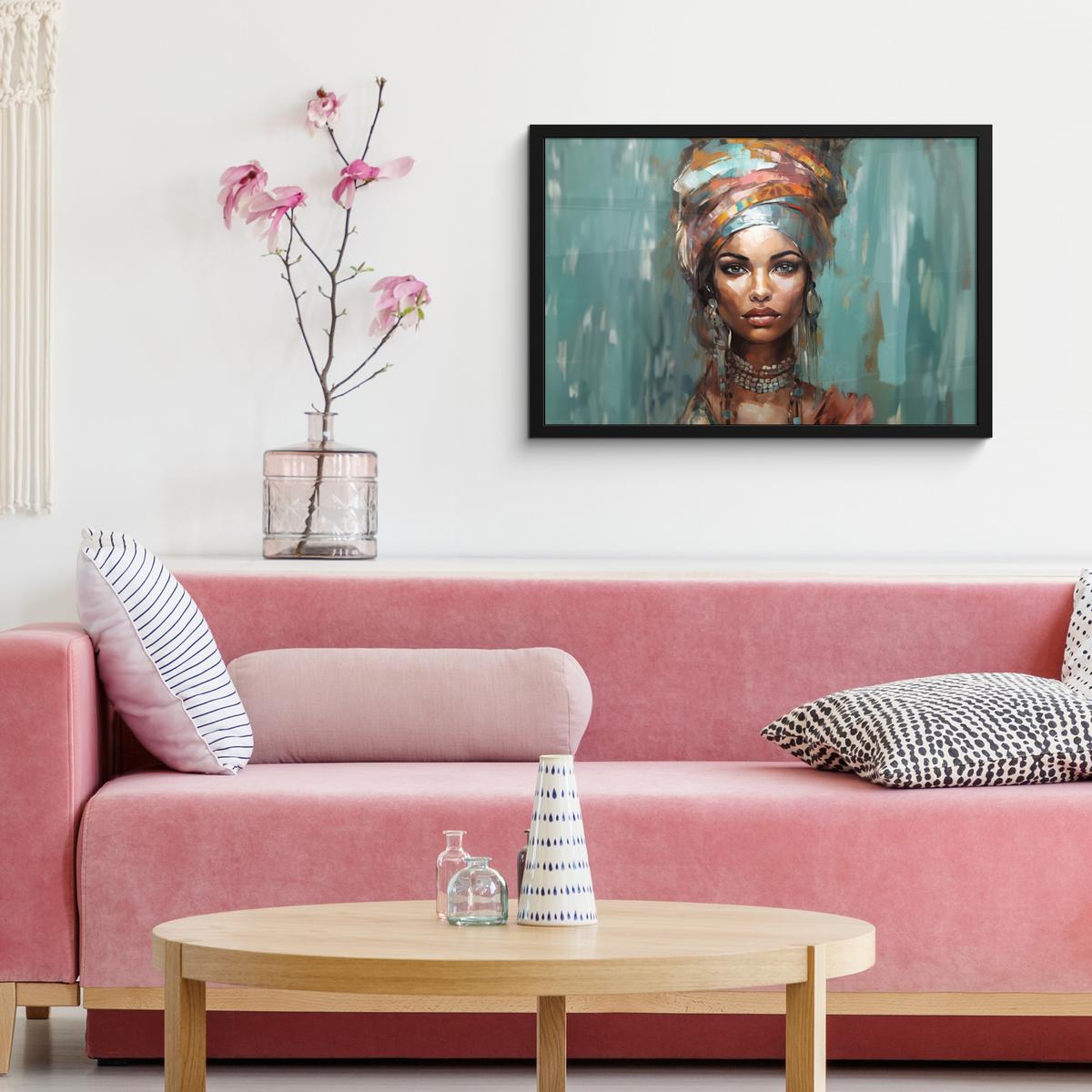 POSTER MIT RAHMENGERAHMTES BILD Frau - Kunst - Schmuck - Porträt 60x40 cm - Blaugrau, Papier (60/40cm) - MuchoWow