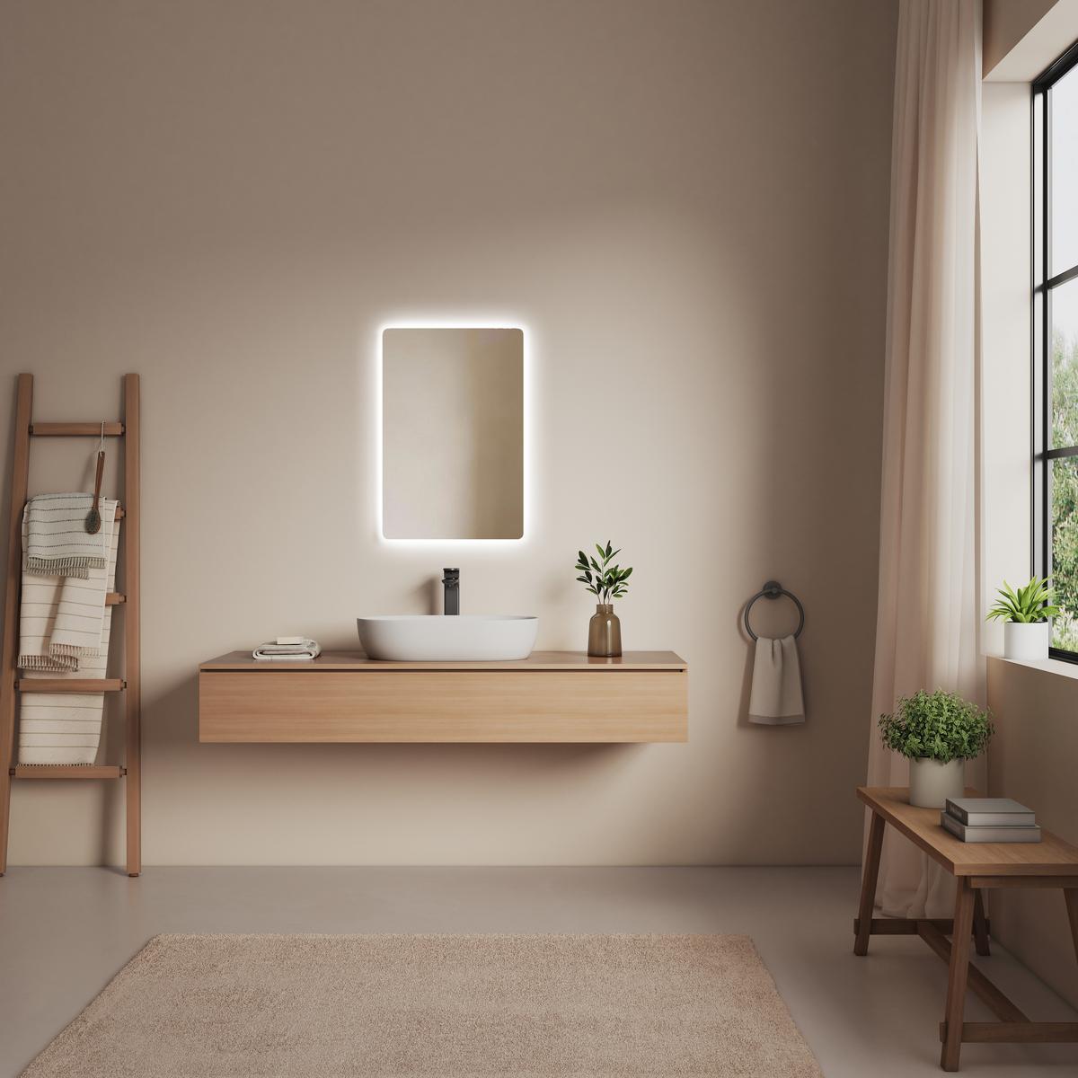 BADSPIEGEL LED abgerundet Kaltweiß/Warmweiß Wippschalter seitlich 60/40 cm - Transparent, Glas (60/40/3.6cm) - EMKE