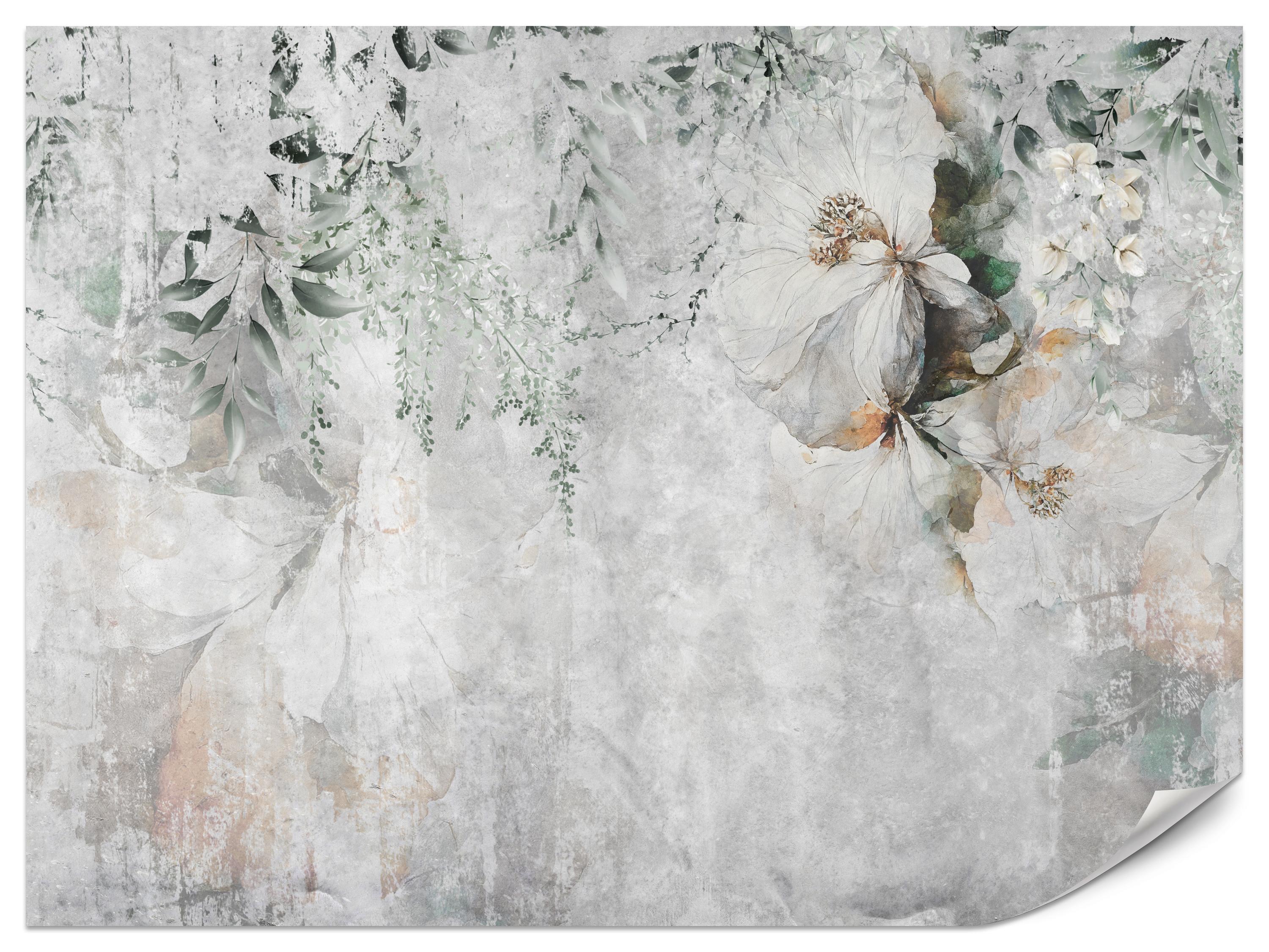 FOTOTAPETE für Esszimmer Zarte Blumen Blätter Beton 100x70 - Orange/Grau, Papier (100/70cm) - Muralo
