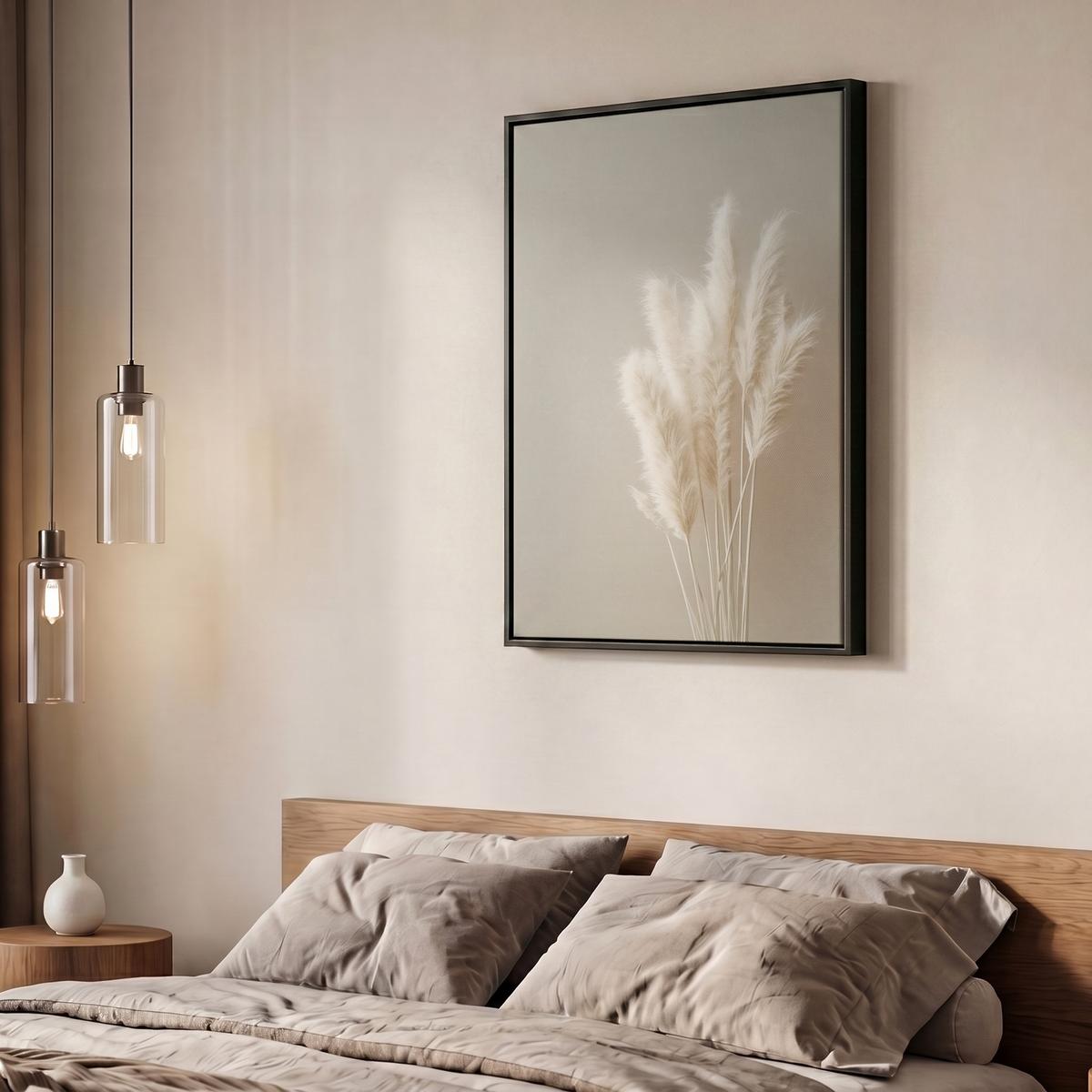 LEINWAND Bilder mit Rahmen - Pampasgras - Federn - Pastell - Weiß - 60x80 - Naturfarben, Textil (60/80cm) - MuchoWow