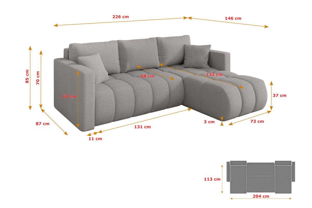 ECKSOFA mit Schlaffunktion Ottomane Rechts GARD-L 226x146x85 Hellgrau Bouclé - Silberfarben/Hellgrau, Holzwerkstoff/Kunststoff (226/146cm) - ALTDECOR