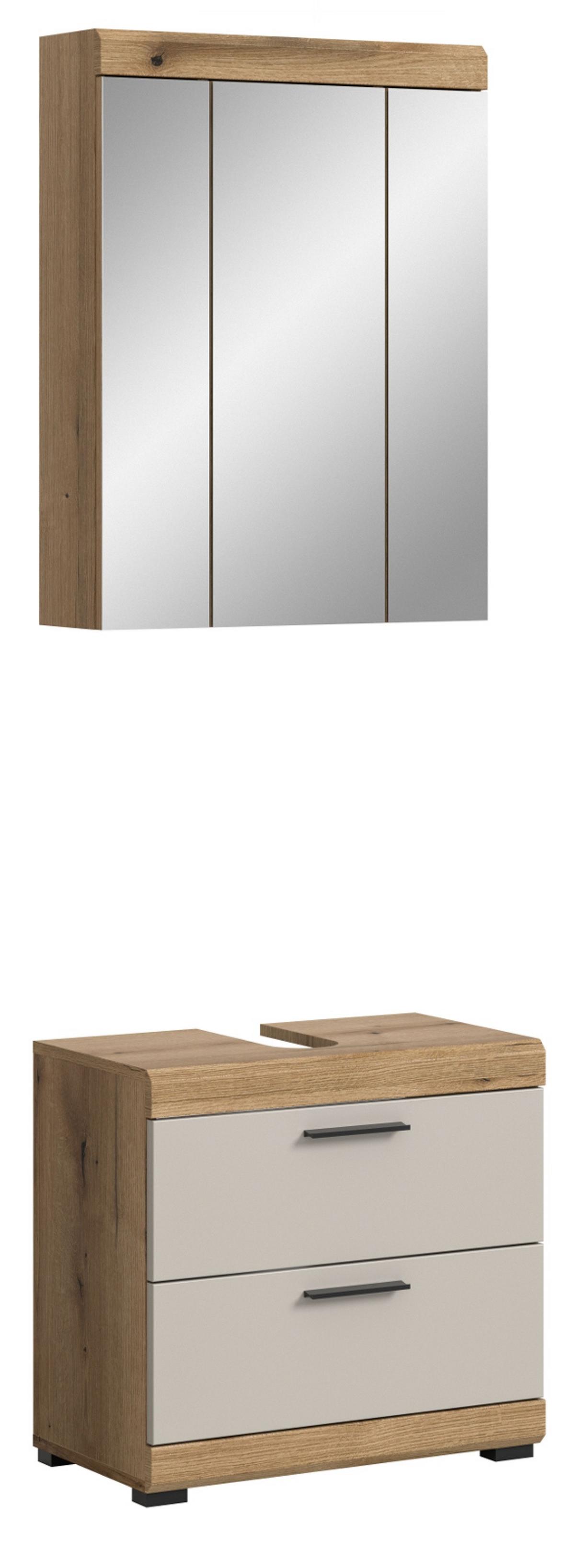 BADMÖBEL-SET Sand Kashmir, Evoke Eiche Badkombination 2-teilig 60 cm mit Schubladen - Kaschmir/Eichefarben, Glas/Holzwerkstoff (60/191/37cm) - Inn.Furn