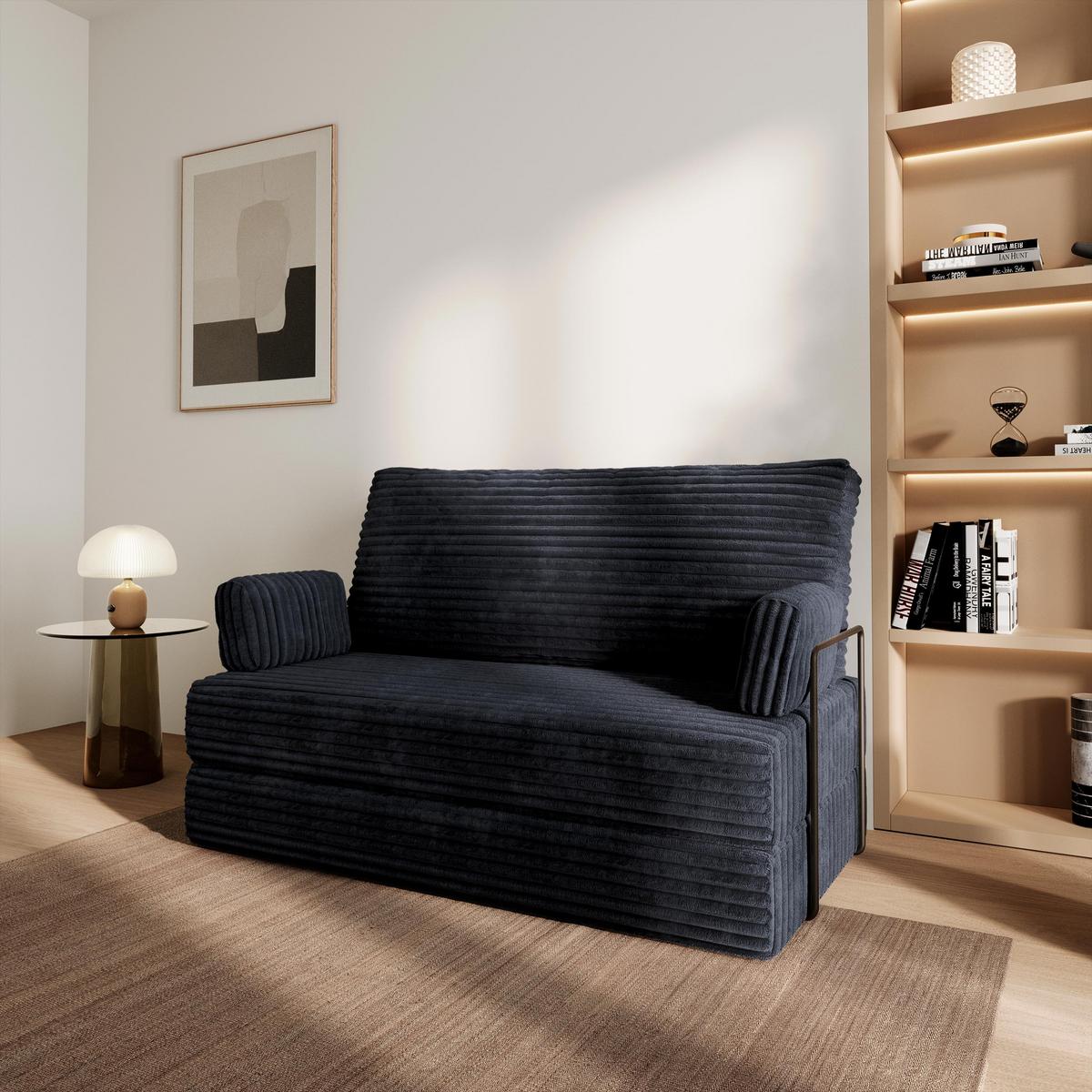 BETTSOFA LADIA aus Schaumstoff Kordstoff Schwarz Schlaffunktion - Schwarz, Textil (140/86/60cm) - MASSENO