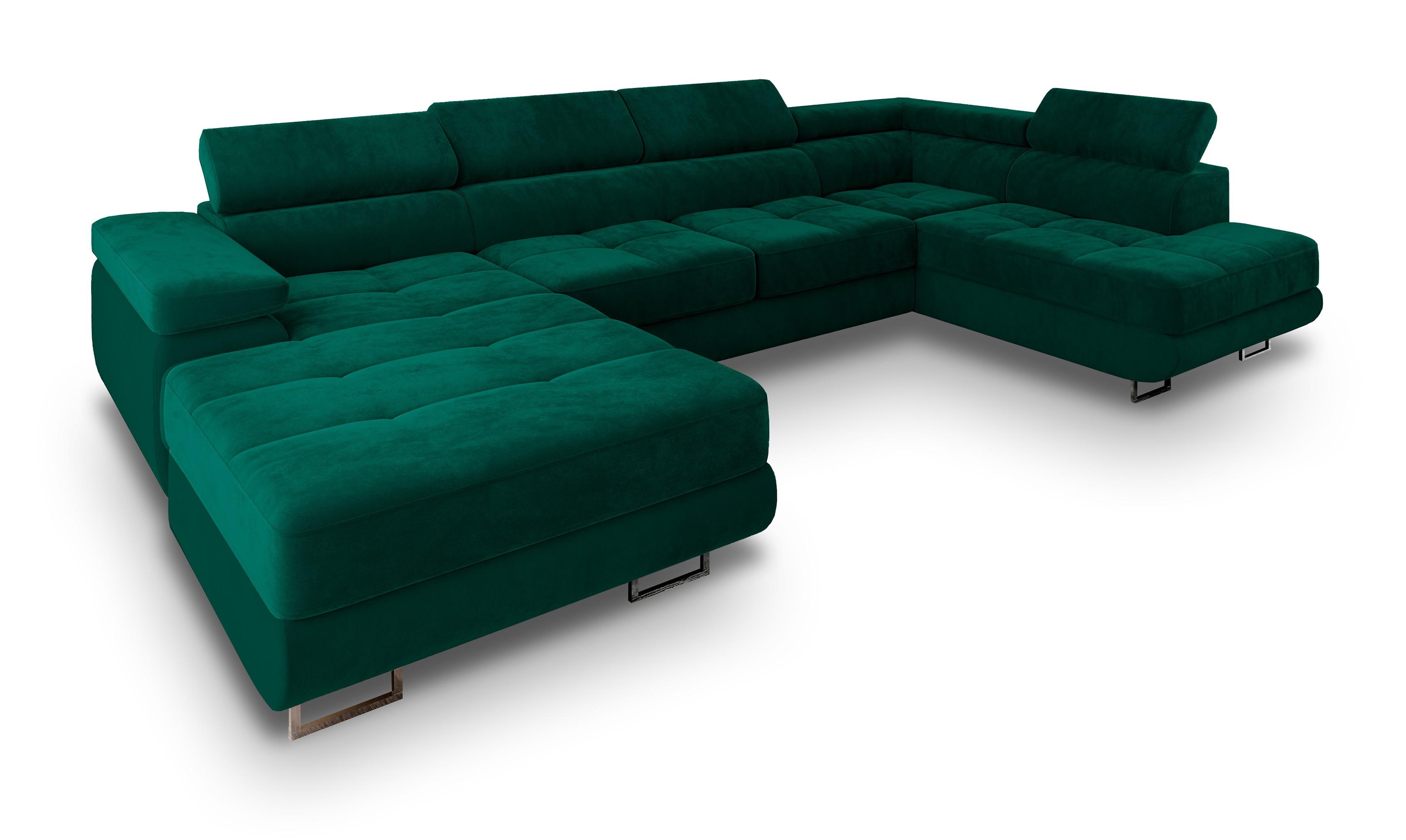 WOHNLANDSCHAFT CASONE R-S Grün Velours-Stoff mit Schlaffunktion - Silberfarben/Grün, Holz/Textil (345/90/202cm) - MASSENO