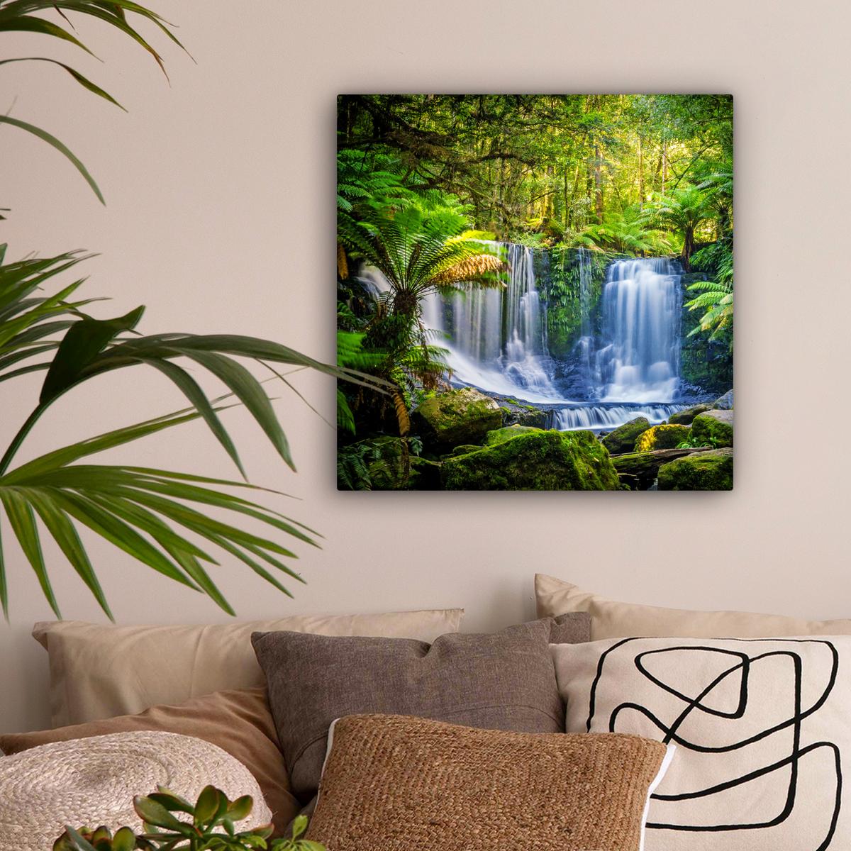 LEINWANDBILD Dschungel - Wasserfall - Australien - Pflanzen - Natur Wandbild Wohnzimmer 50x50 cm - Dunkelgrün, Textil (50/50cm) - MuchoWow