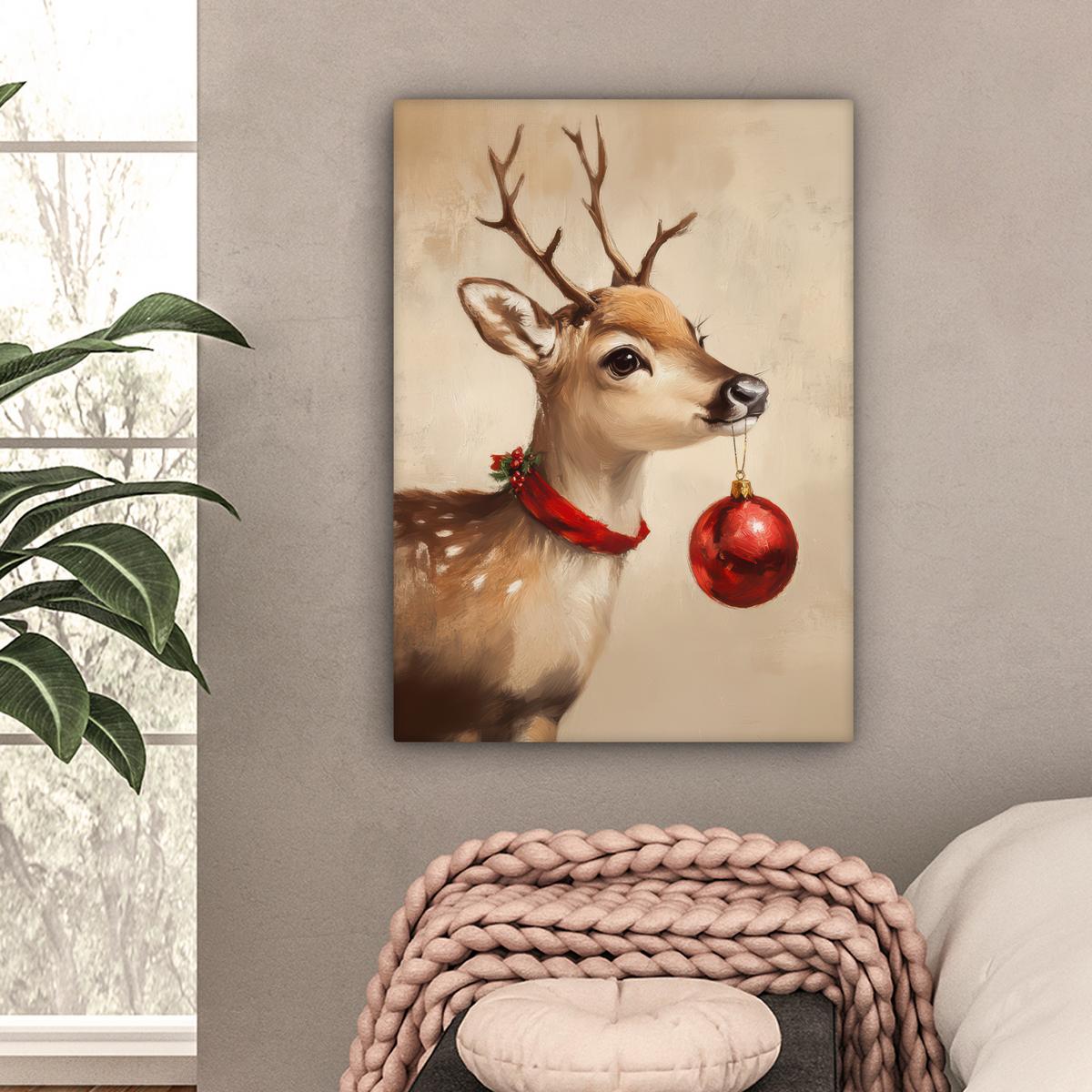 LEINWANDBILD Weihnachten - Hirsch - Geweih - Weihnachtskugel - Rentier Wandbild Wohnzimmer 60x80 cm - Hellbraun, Textil (60/80cm) - MuchoWow