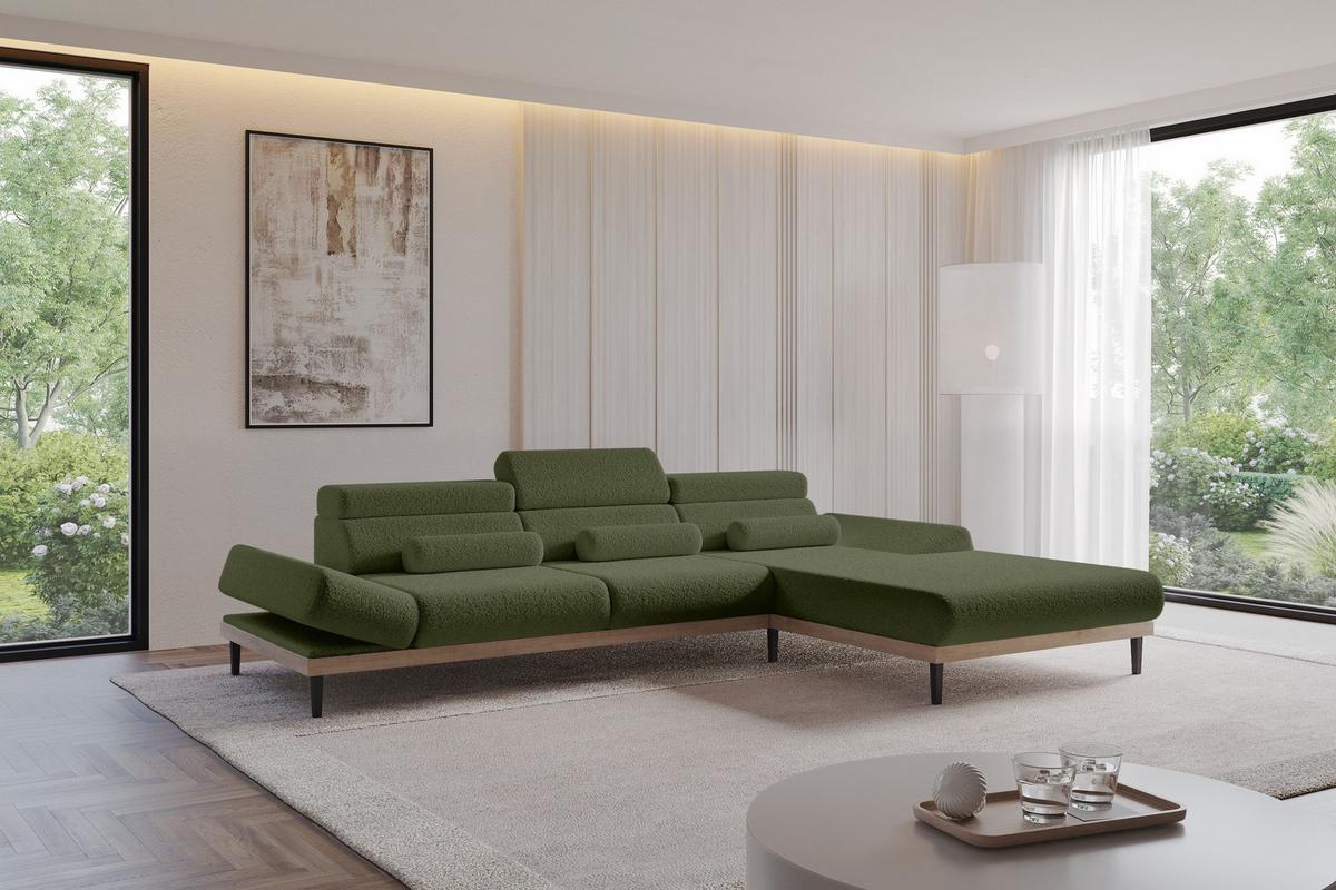ELEKTRISCHES ECKSOFA Rechts MONA 316x205x85 Grün Bouclé - Olivgrün/Grün, Holzwerkstoff/Textil (316/205cm) - ALTDECOR