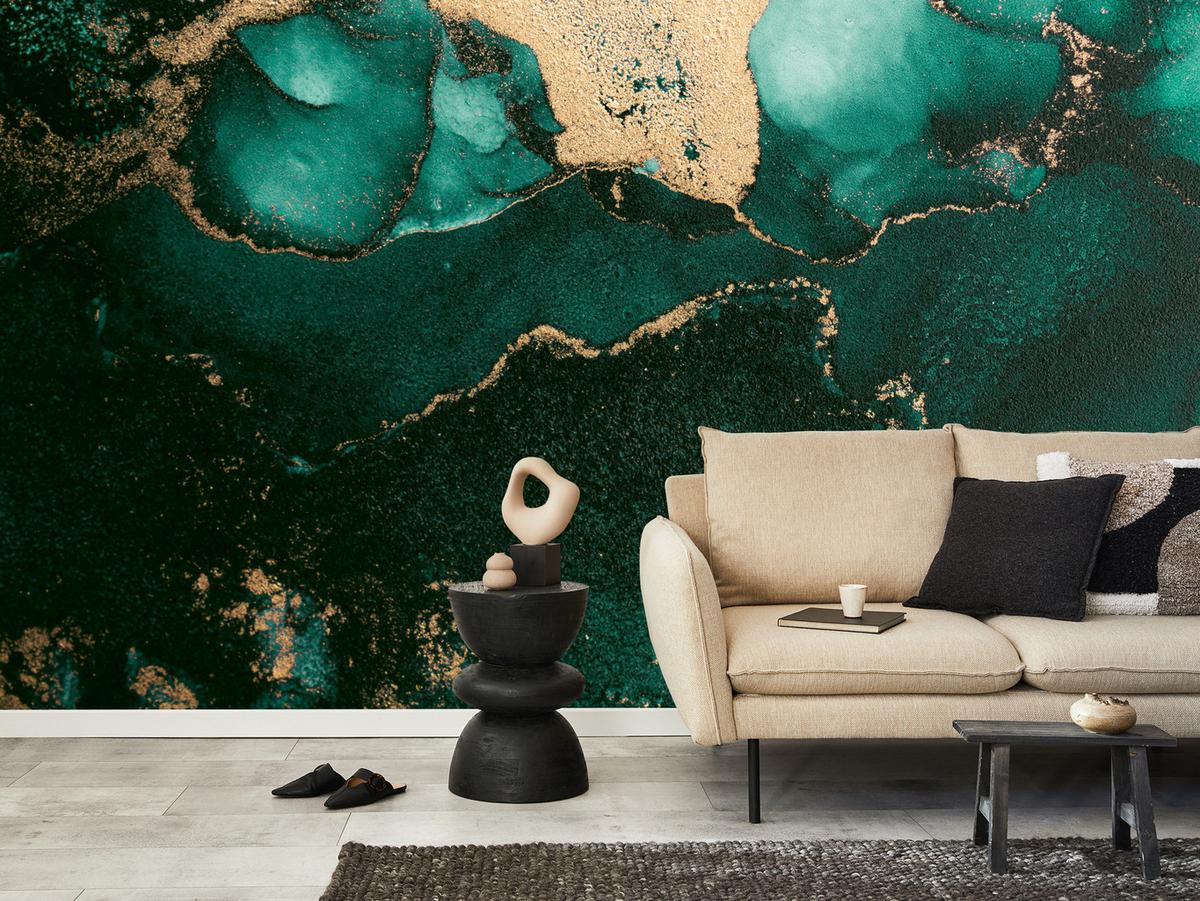 FOTOTAPETE für Küche Abstrakter Türkiser Marmor Goldimitation Modern 250x175 - Türkis, Papier (250/175cm) - Muralo