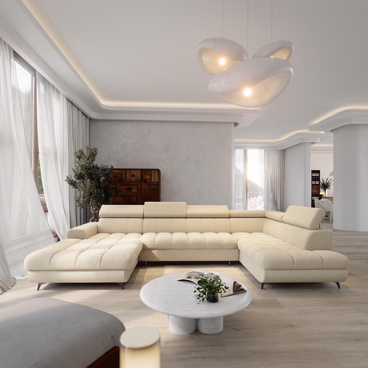 WOHNLANDSCHAFT CORENO Creme Boucle-Stoff mit Schlaffunktion - Creme, Holz (345/88/190cm) - MASSENO