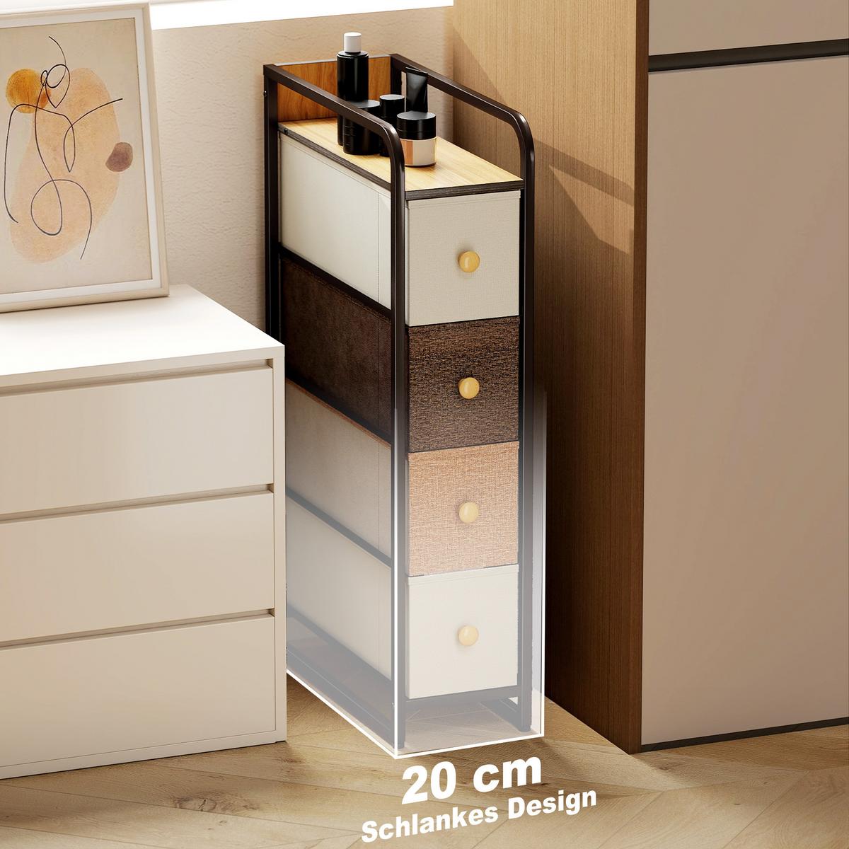 KOMMODE Schrank mit 4 Schubladen aus Vliesstoff Stahlrahmen Schubladenschrank - Multicolor/Braun, Holz/Textil (47/84.5/20cm) - HOMCOM