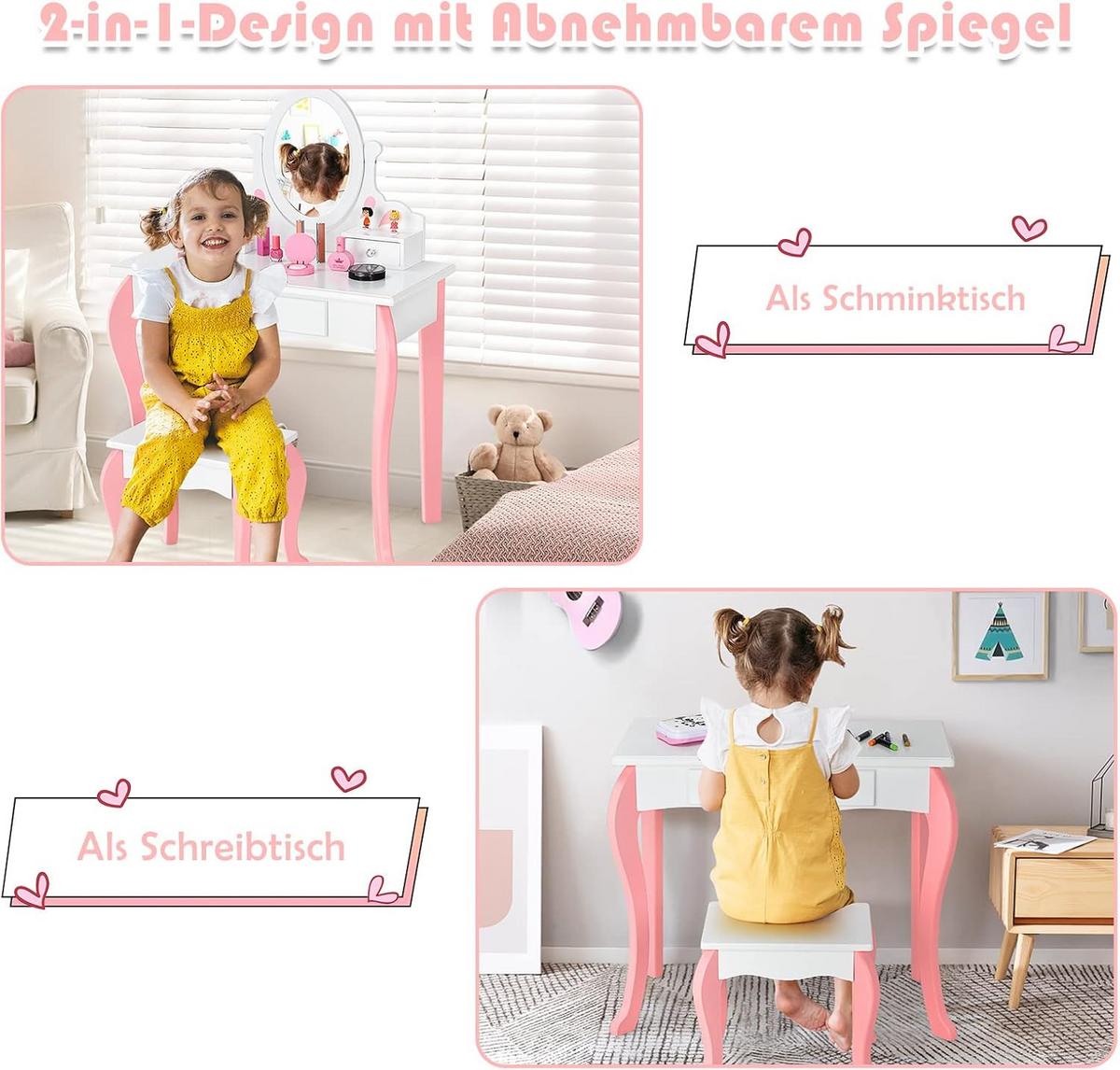 KINDER SCHMINKTISCH mit Hocker Weiß - Weiß, Holz (70/100/34cm) - COSTWAY