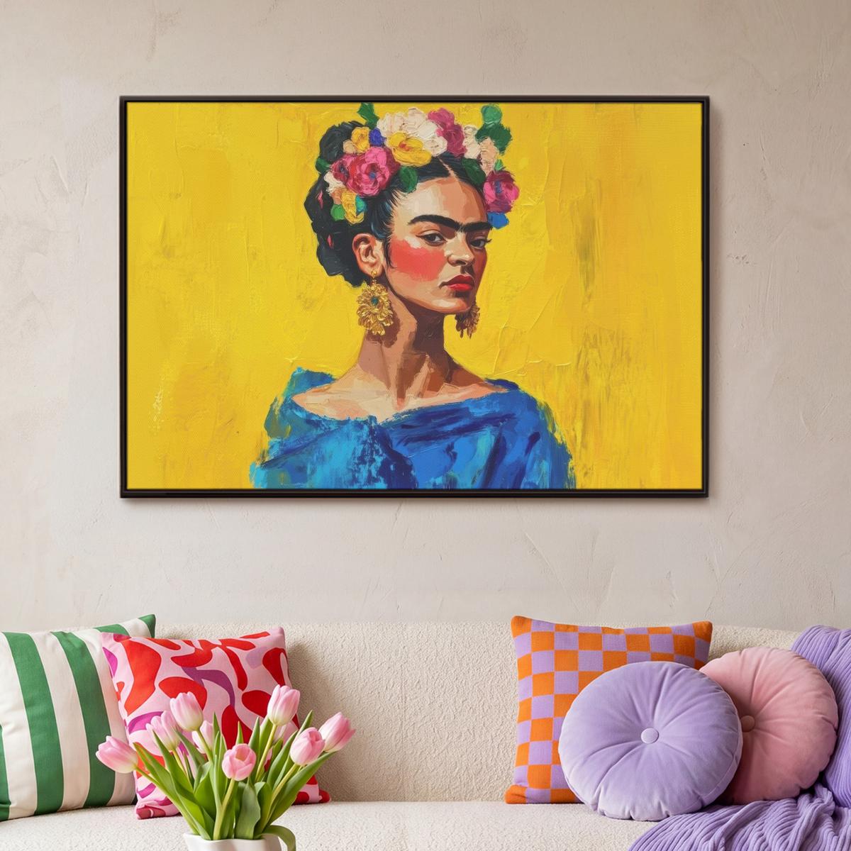 LEINWAND Bilder mit Rahmen - Frida Kahlo - Frau - Gelb - Blau - Blumen - 90x60 - Gelb, Textil (90/60cm) - MuchoWow