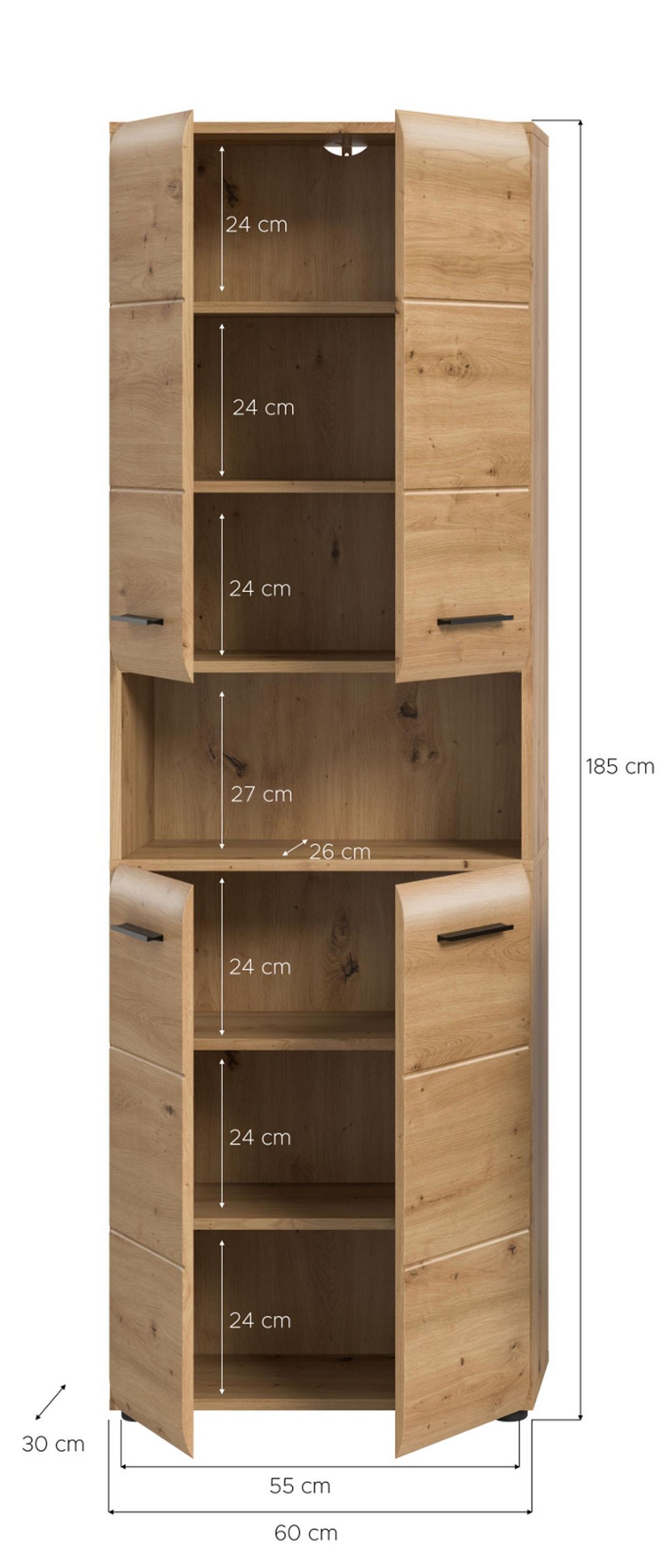 HOCHSCHRANK in Eiche Artisan, Badschrank 4-türig 60 x 185 cm mit viel Stauraum - Schwarz/Eiche Artisan, Holzwerkstoff/Kunststoff (60/185/30cm) - Inn.Furn